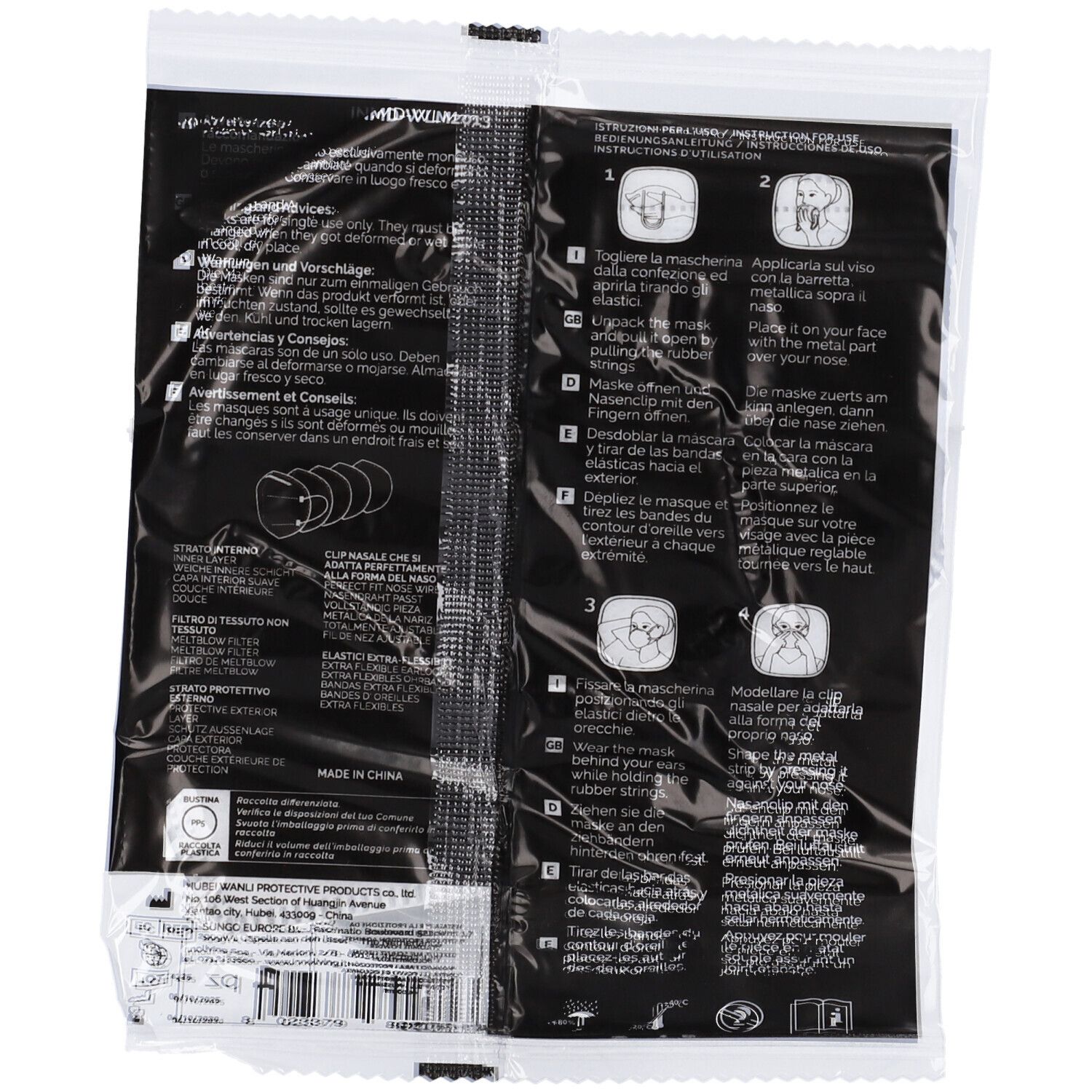 Retro della confezione della mascherina FFP2 Innoliving. Sfondo nero con testo e pittogrammi. Istruzioni per l'uso.