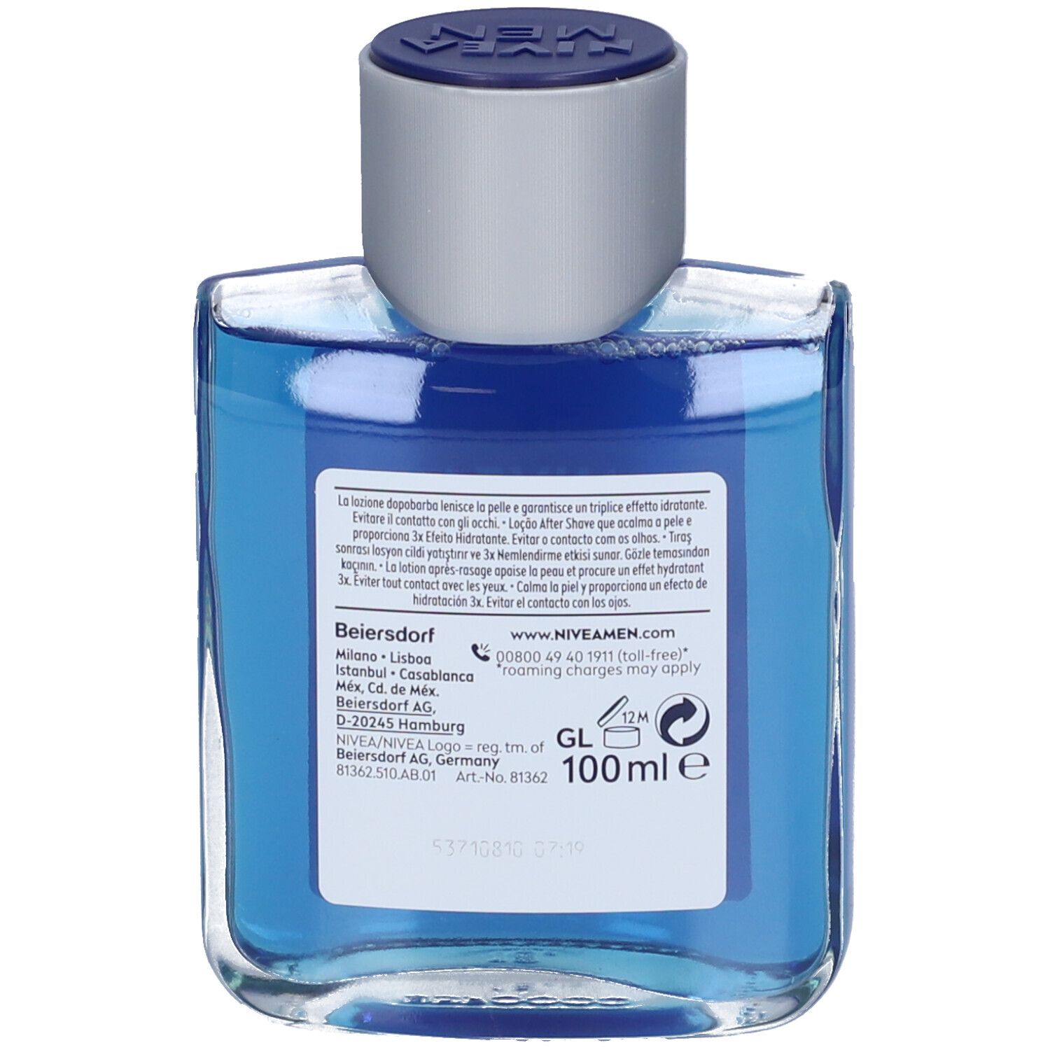 Retro del flacone blu. Testo multilingue. Scritta NIVEA MEN. 100 ml.