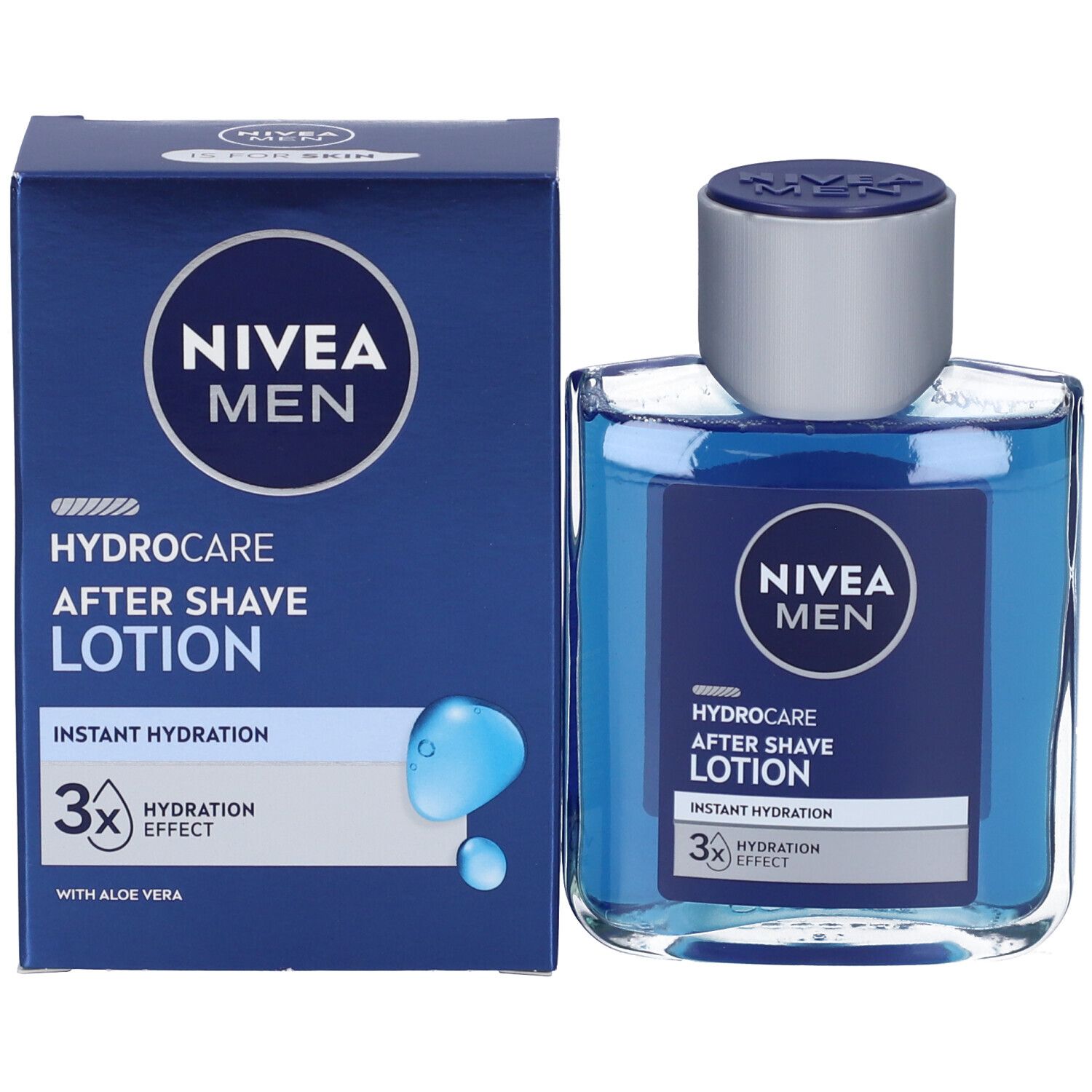 Prodotto e confezione. Flacone e scatola blu. Scritta NIVEA MEN HYDROCARE AFTER SHAVE LOTION. 3x Hydratation Effect.