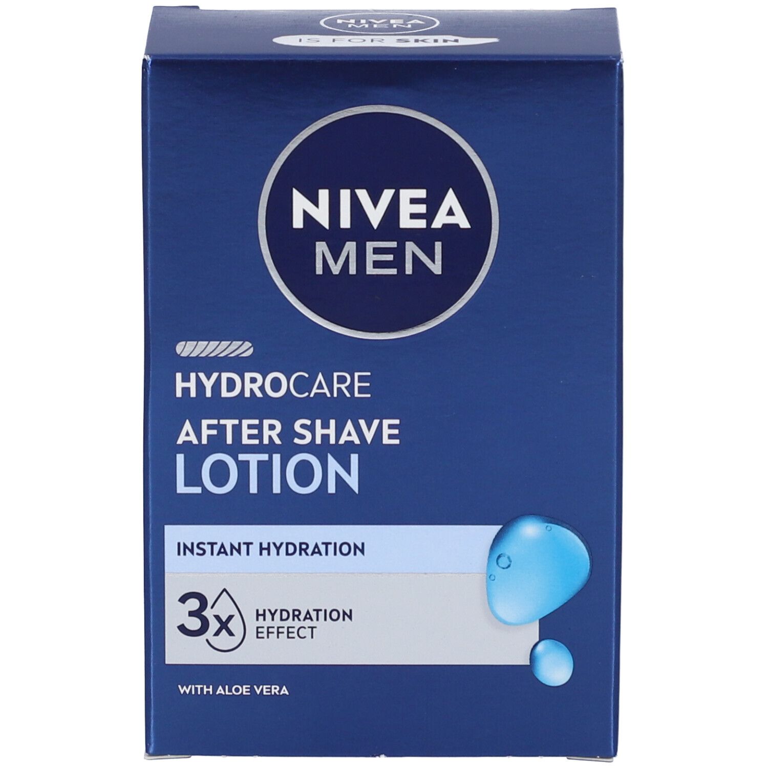 Scatola blu. Scritta NIVEA MEN HYDROCARE AFTER SHAVE LOTION. 3x Hydratation Effect. Con Aloe Vera.