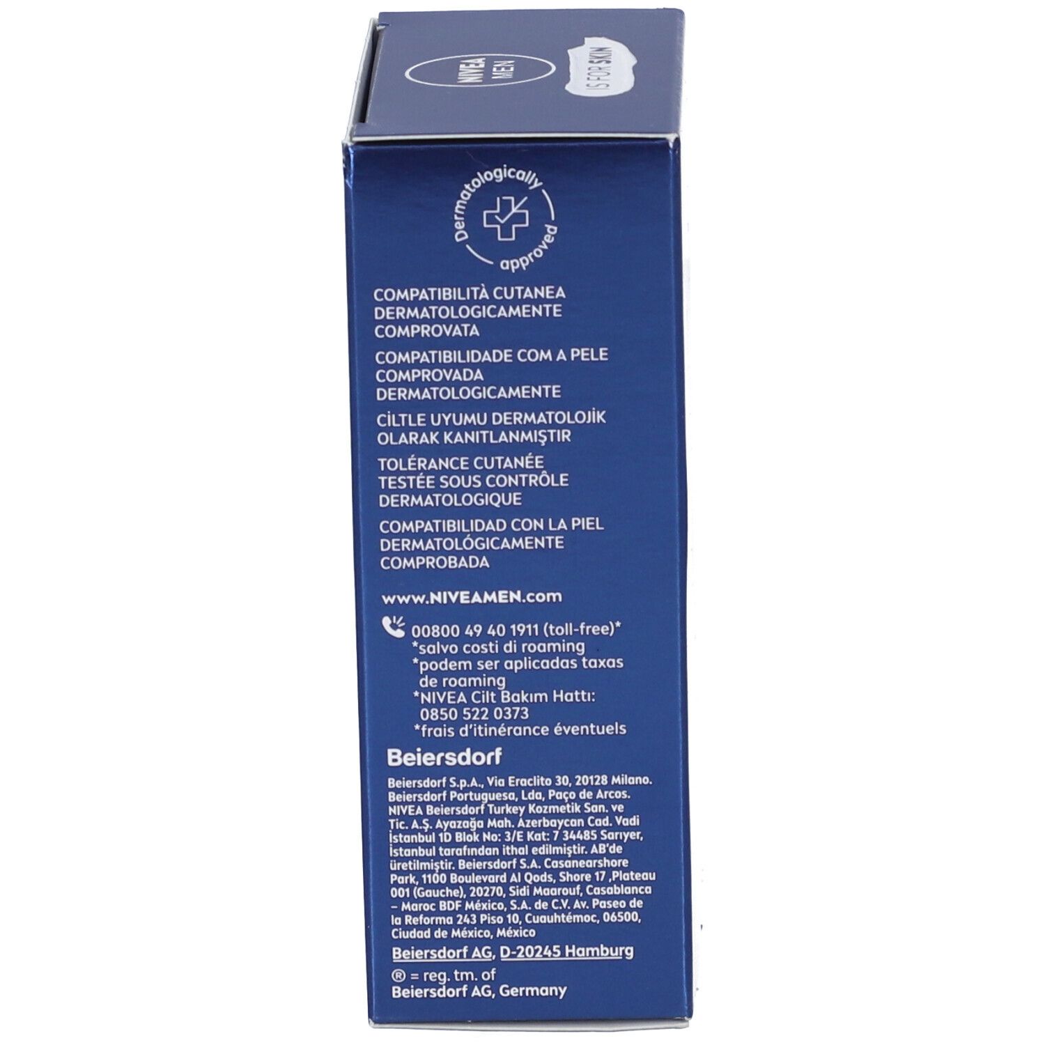 Scatola blu. Testo multilingue. Dermatologicamente testato. Scritta NIVEA MEN.