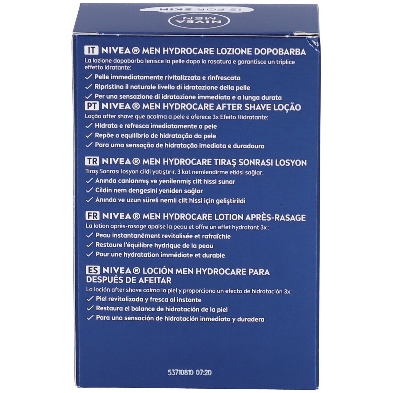 Scatola blu. Testo multilingue. Elenco dei benefici del prodotto.