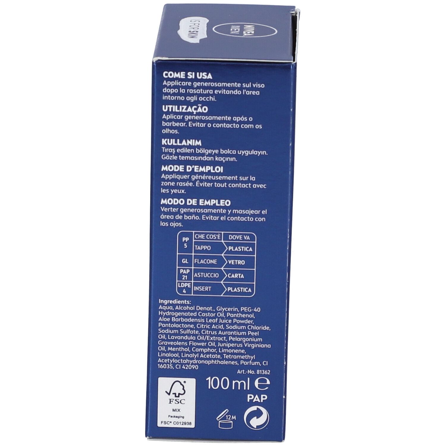 Scatola blu. Testo multilingue. Elenco degli ingredienti. 100 ml.