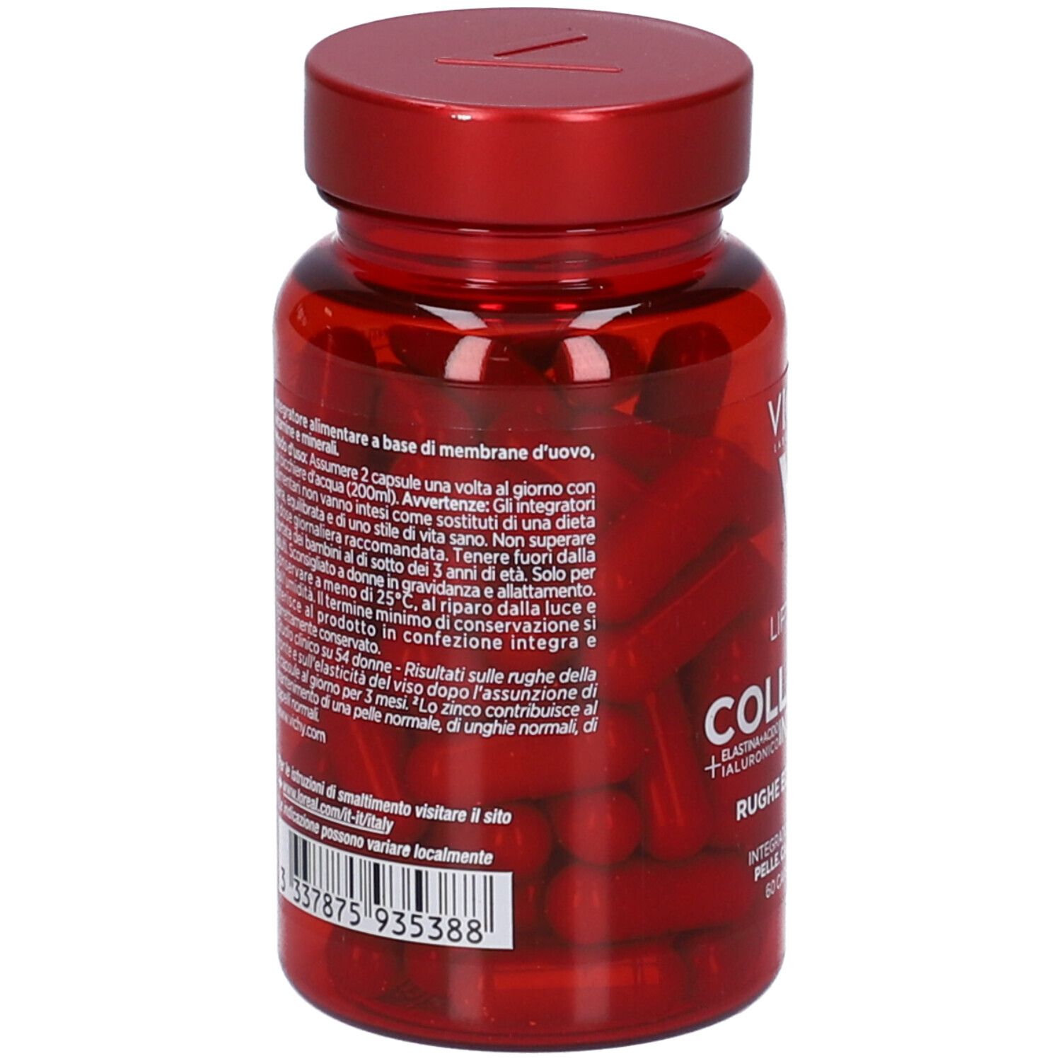 Flacone rosso con capsule rosse. Retro con testo. Vichy Liftactiv Collagene Integratore.