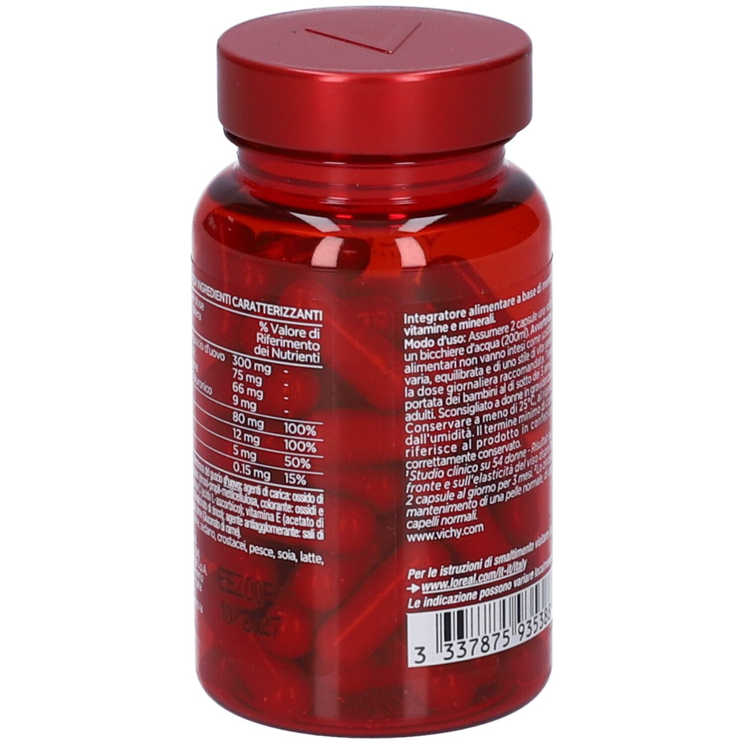 Flacone rosso con capsule rosse. Retro con testo e valori nutrizionali. Vichy.