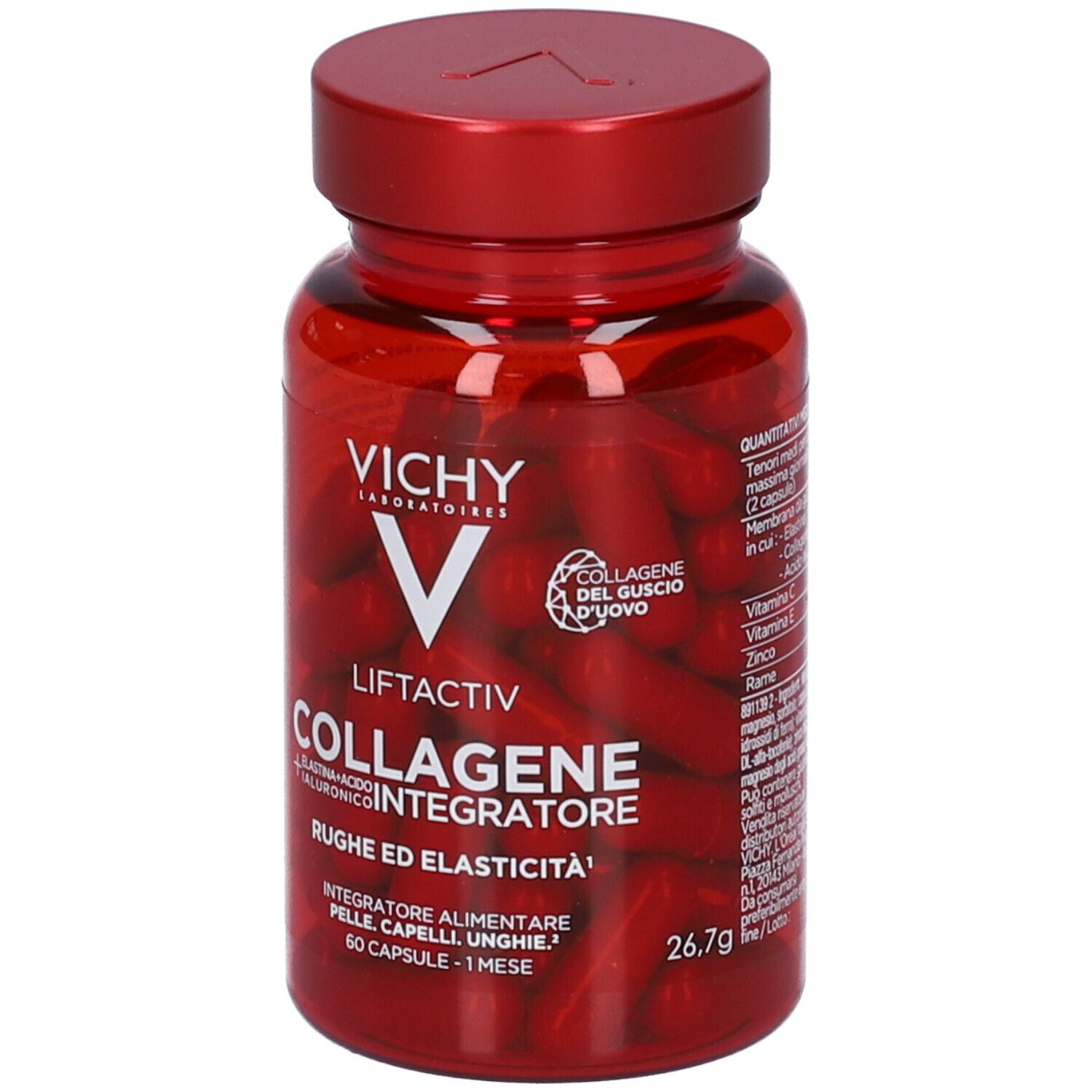 Flacone rosso con capsule rosse. Scritta: Vichy Liftactiv Collagene Integratore. 60 capsule.