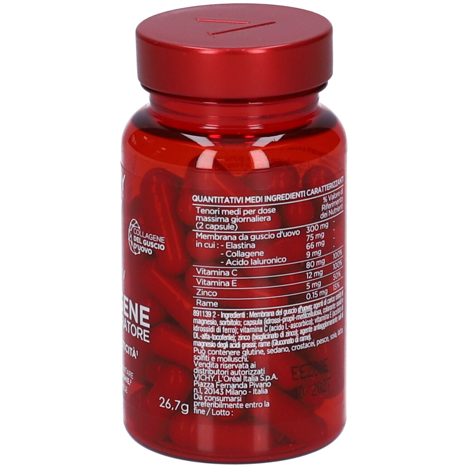 Flacone rosso con capsule rosse. Retro con testo e valori nutrizionali. Vichy.