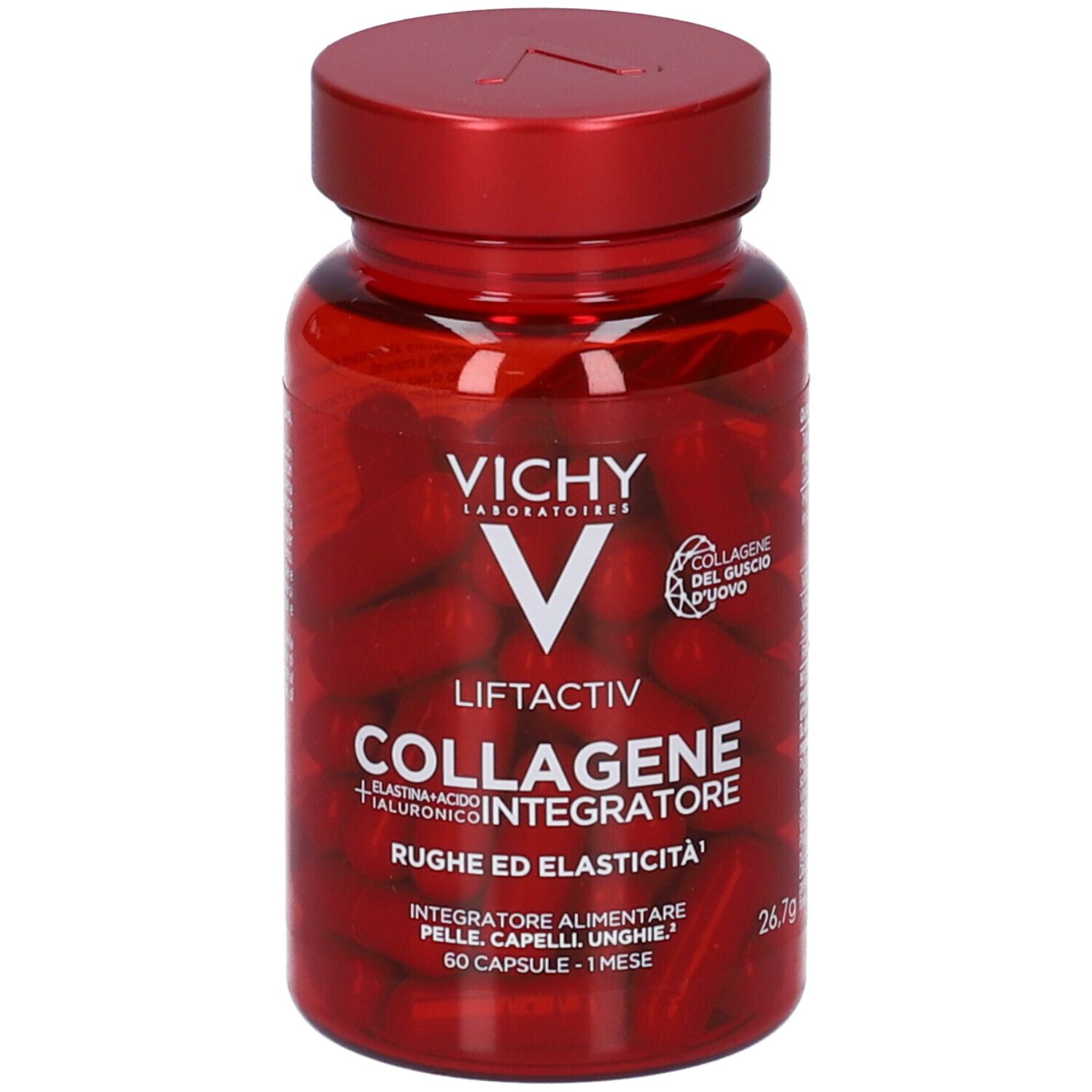 Flacone rosso con capsule rosse. Scritta: Vichy Liftactiv Collagene Integratore. 60 capsule.