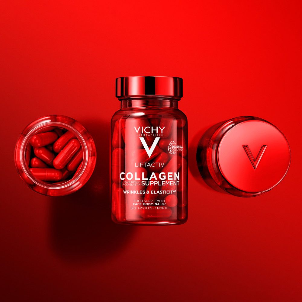 Capsule Vichy Liftactiv Collagene: flacone, contenitore aperto e coperchio su sfondo rosso.
