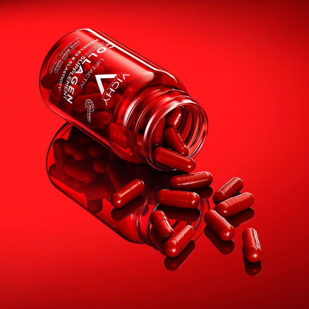 Capsule Vichy Liftactiv Collagene: flacone rovesciato con capsule fuoriuscite.
