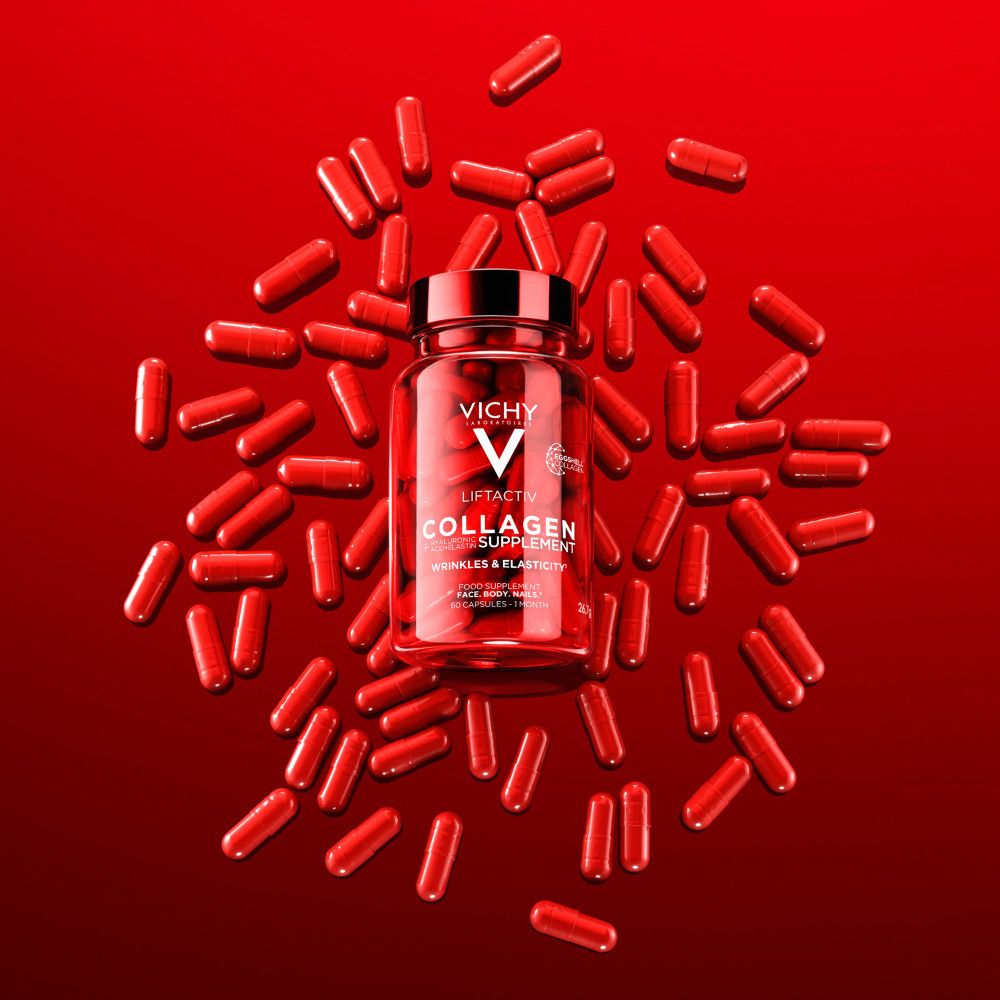 Capsule Vichy Liftactiv Collagene: flacone circondato da capsule sparse.