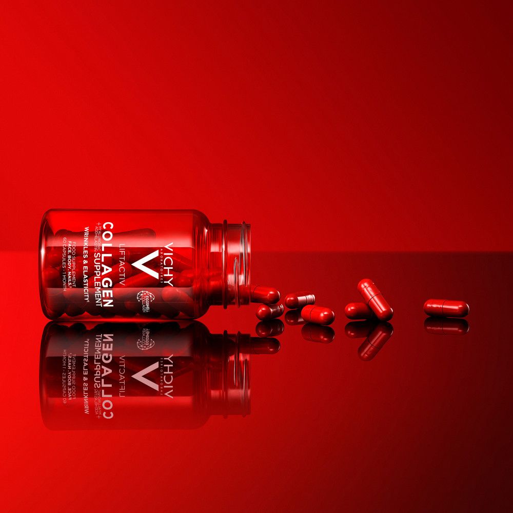 Capsule Vichy Liftactiv Collagene: flacone rovesciato con capsule fuoriuscite.