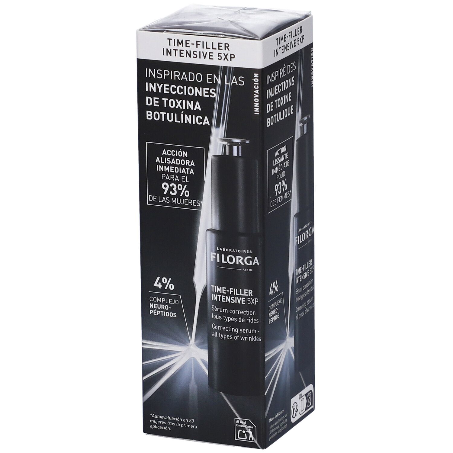 Siero FILORGA TIME-FILLER INTENSIVE 5XP in confezione. Flacone nero con tappo argentato. Testo: Ispirato alle iniezioni di tossina botulinica.