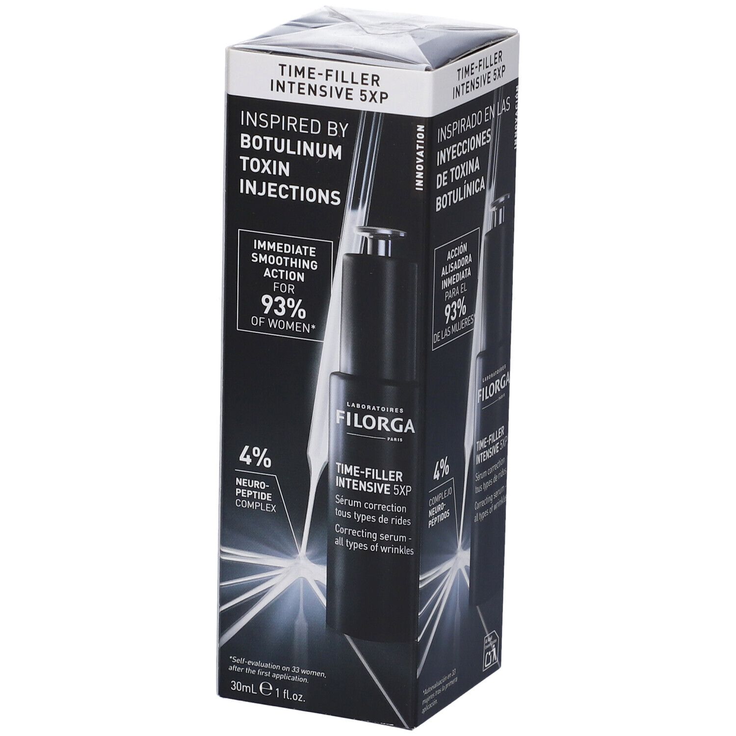 Siero FILORGA TIME-FILLER INTENSIVE 5XP in confezione. Flacone nero con tappo argentato. Testo: Ispirato alle iniezioni di tossina botulinica.