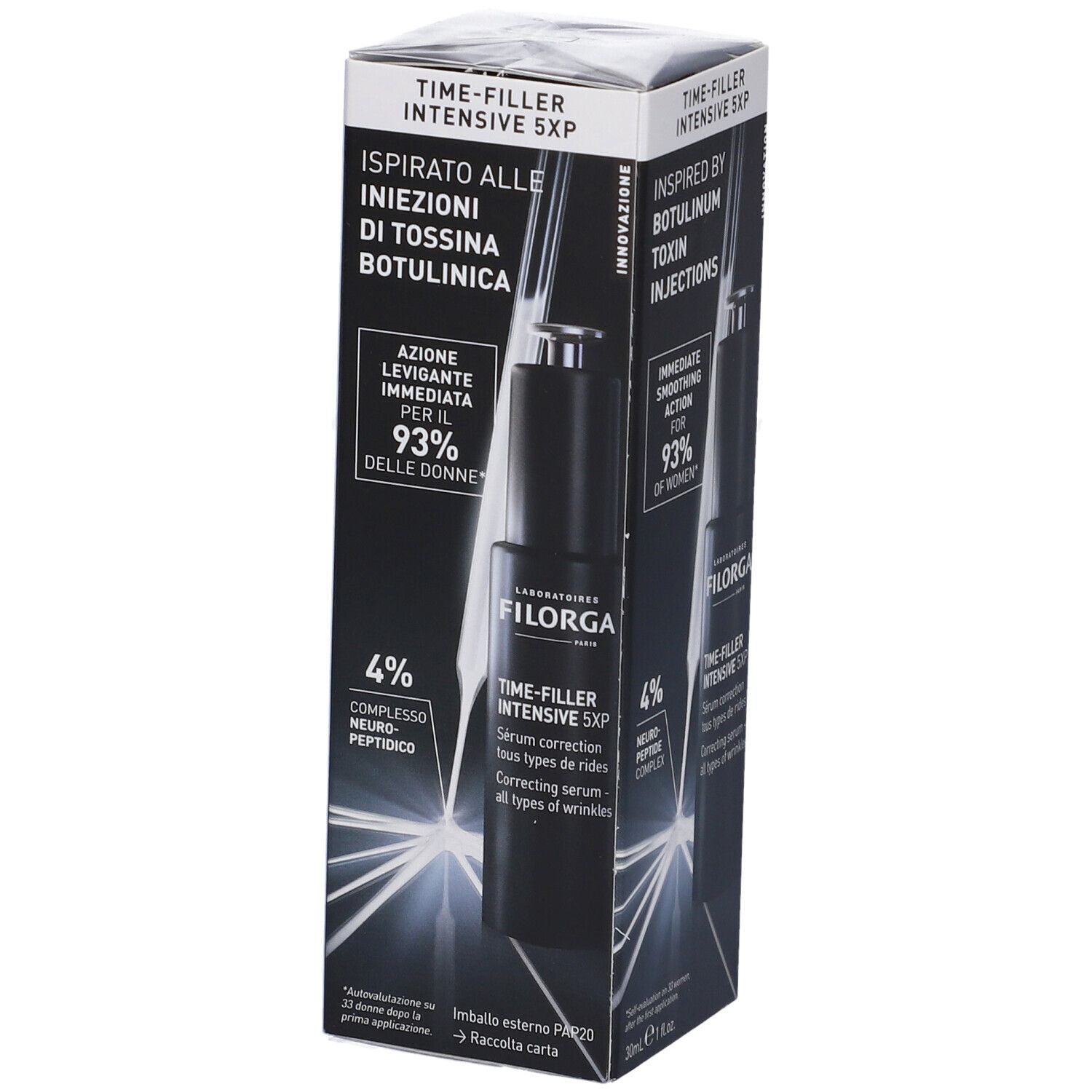 Siero FILORGA TIME-FILLER INTENSIVE 5XP in confezione. Flacone nero con tappo argentato. Testo: Ispirato alle iniezioni di tossina botulinica.