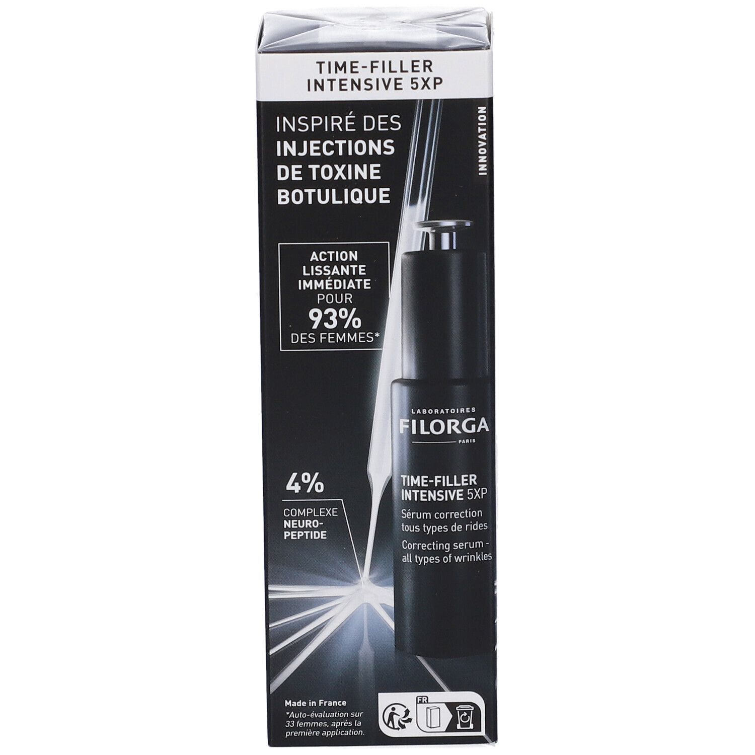 Siero FILORGA TIME-FILLER INTENSIVE 5XP in confezione. Flacone nero con tappo argentato. Testo: Ispirato alle iniezioni di tossina botulinica.