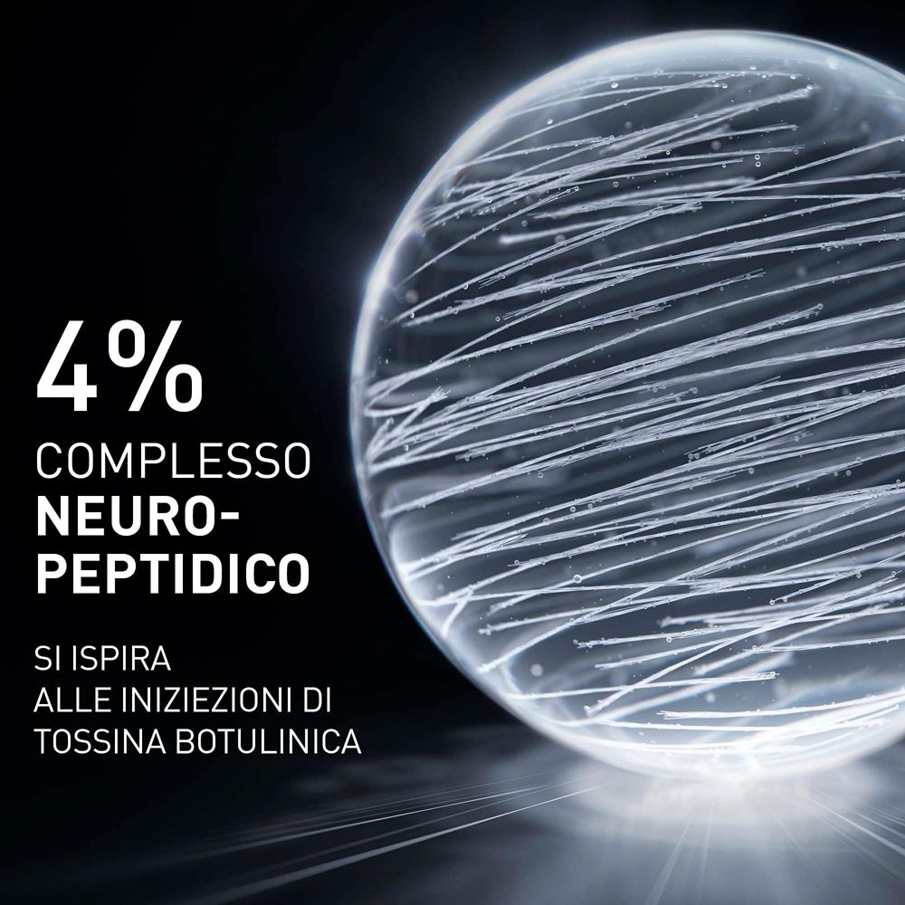 Sfera con linee bianche. Testo: 4% COMPLESSO NEURO-PEPTIDICO. Ispirato alle iniezioni di tossina botulinica.