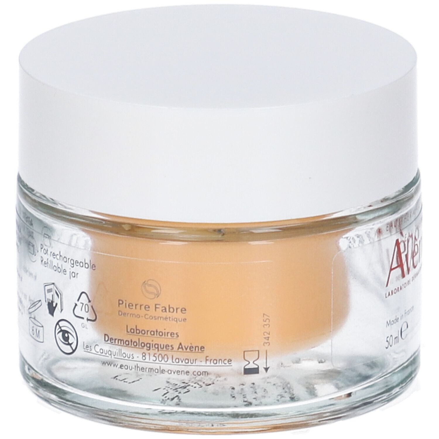 Retro del vasetto di vetro con coperchio bianco. Scritta: Pierre Fabre, Dermatologie Avène. Vari pittogrammi e informazioni.