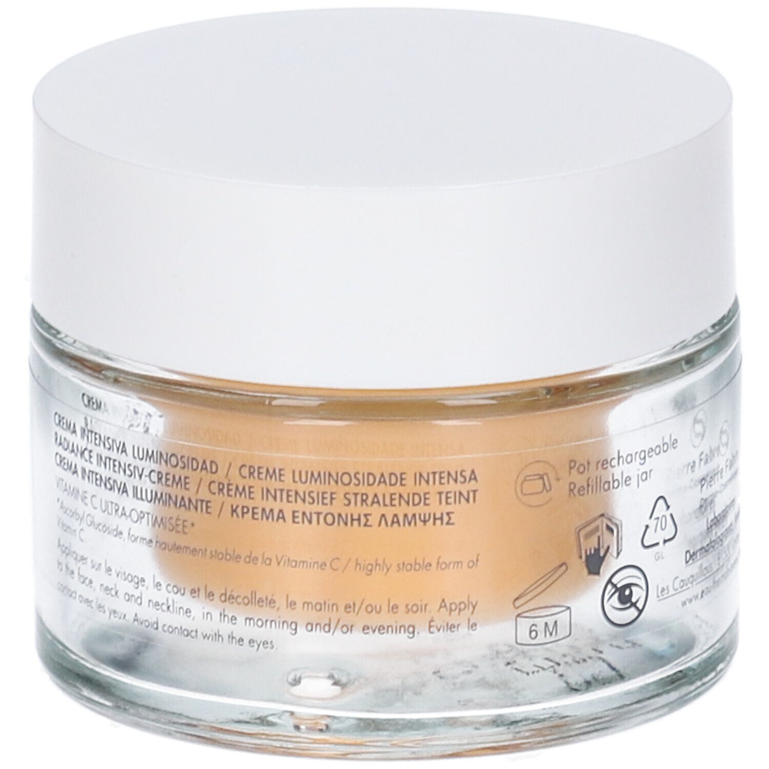 Retro del vasetto di vetro con coperchio bianco. Testo: Crème intensive luminosité, Vitamin C ultra-optimisée. Pittogrammi e informazioni.