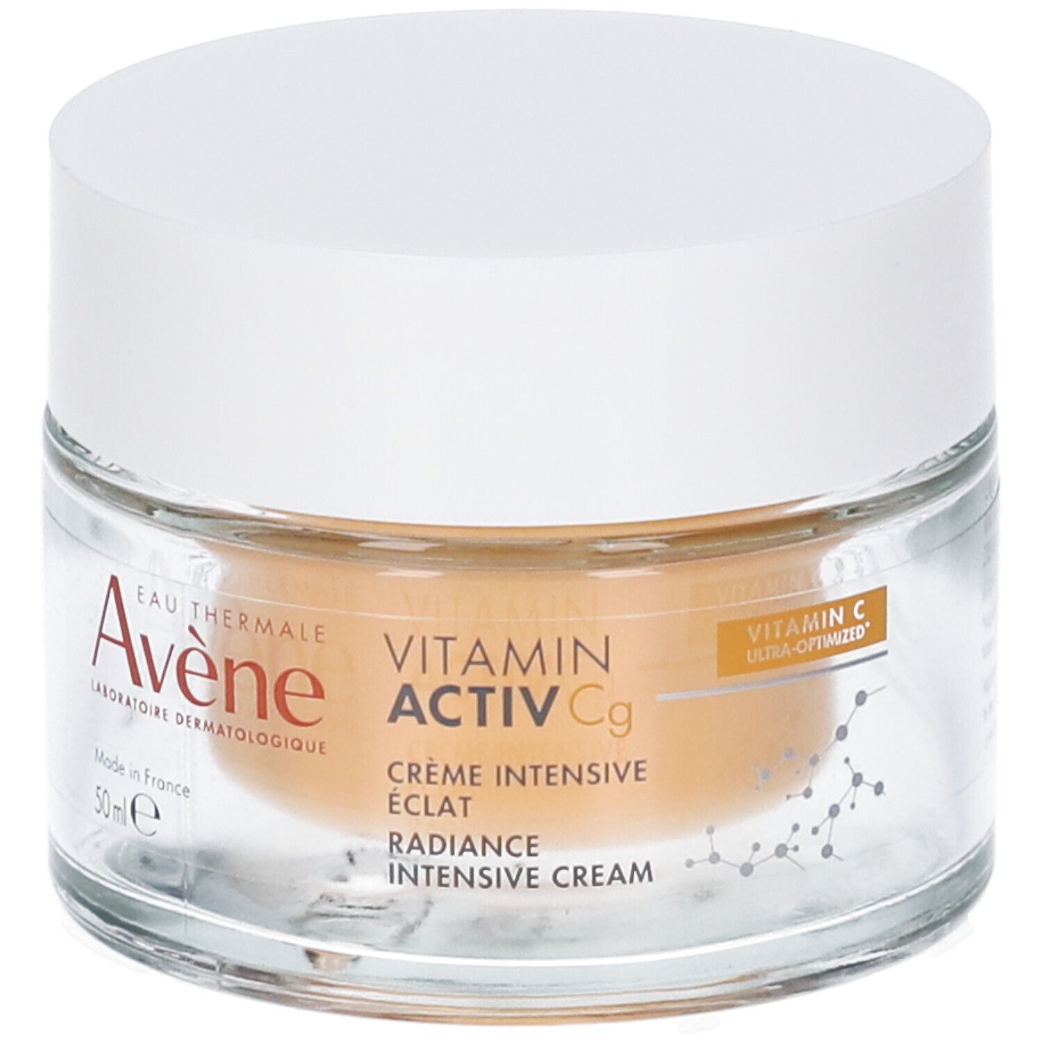 Vasetto di vetro con coperchio bianco. Scritta: Eau Thermale Avène, Vitamin Activ Cg, Crème intensive éclat, Radiance intensive cream.