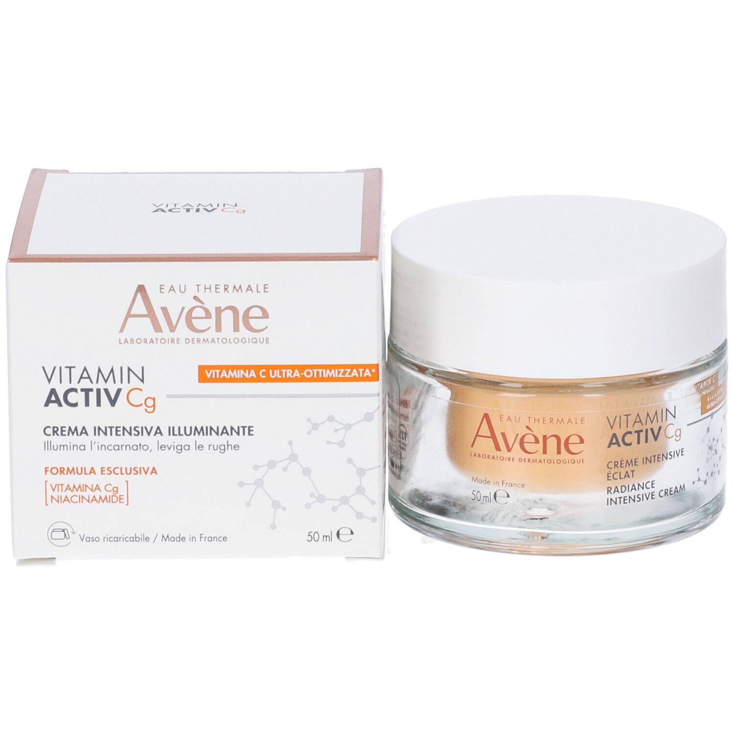 Confezione del prodotto e vasetto di vetro. Scritta: Avène, Vitamin Activ Cg, Crème intensive illuminante. Vitamin C ultra-ottimizzata.