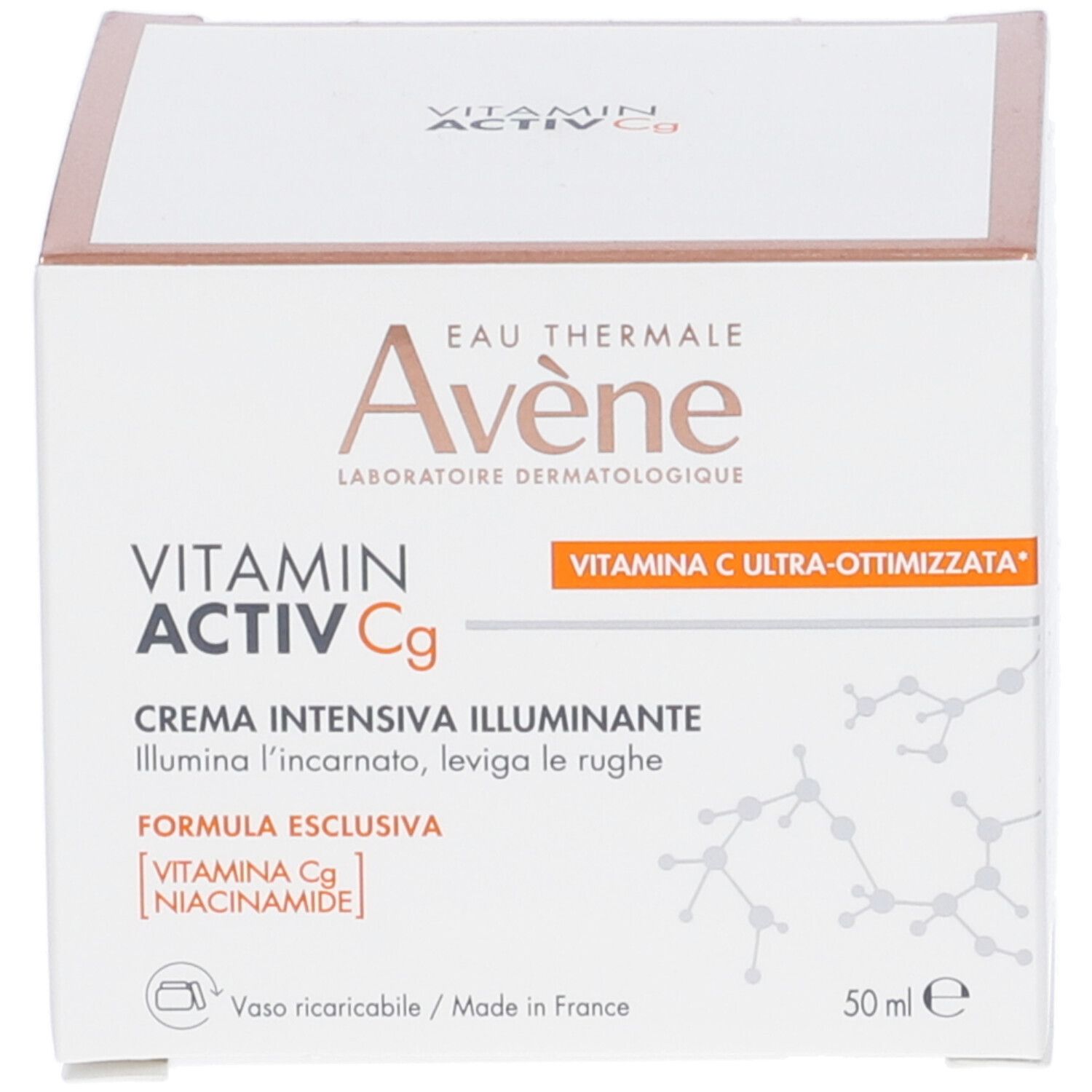 Confezione del prodotto. Scritta: Avène, Vitamin Activ Cg, Crème intensive illuminante. Vitamin C ultra-ottimizzata. 50 ml.