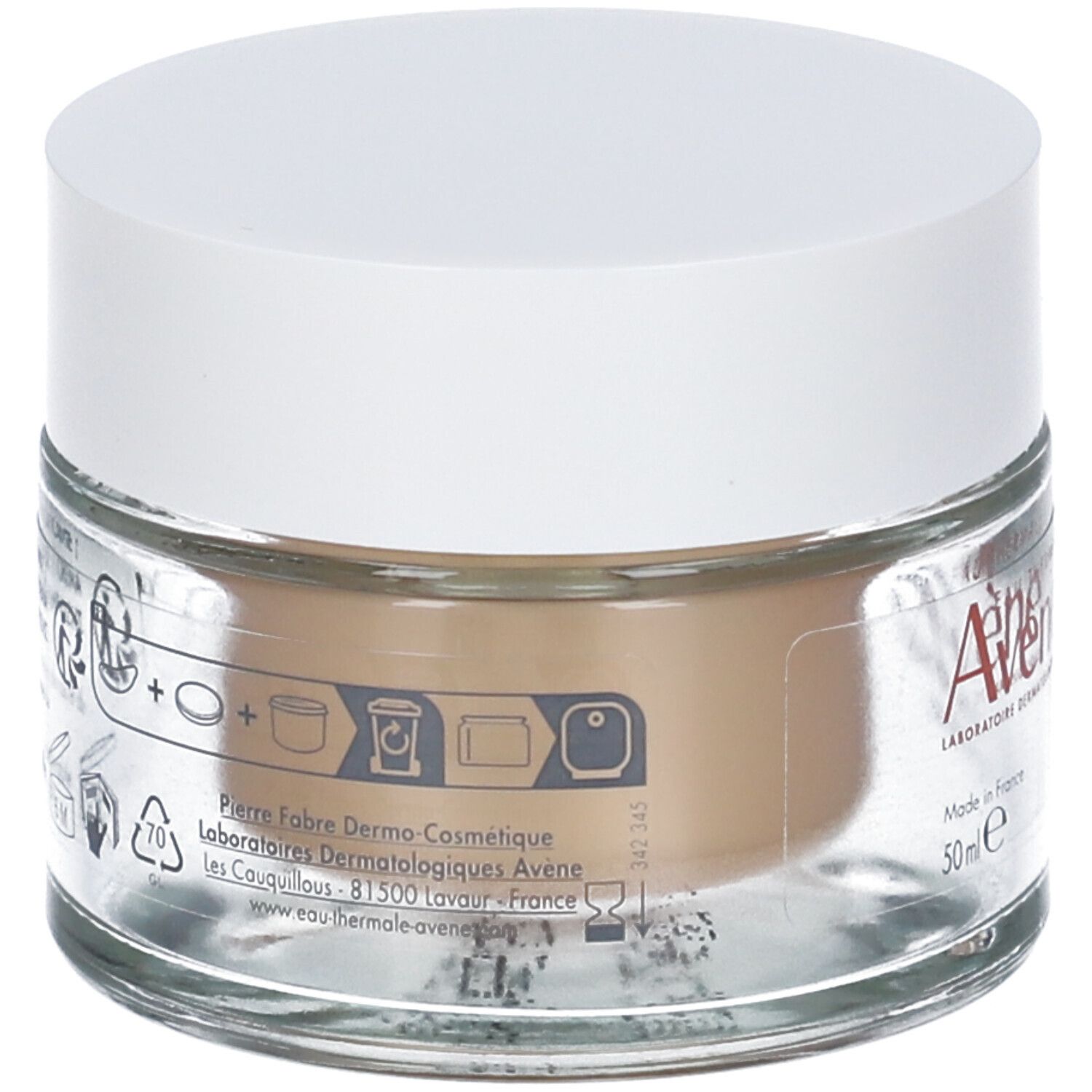 Vasetto di crema con coperchio bianco. Retro con simboli e testo. Scritte: Pierre Fabre, Eau Thermale Avène, 50ml.