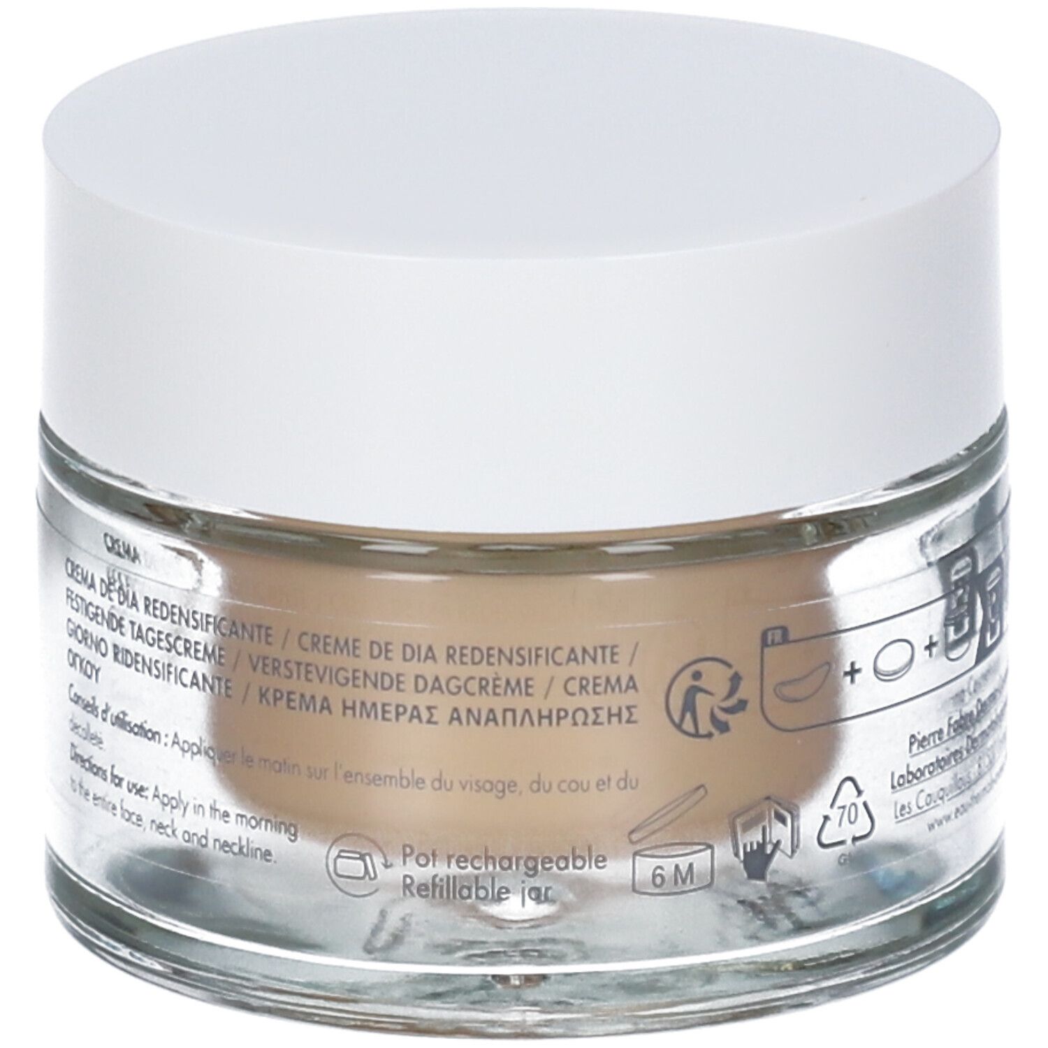 Vasetto di crema con coperchio bianco. Retro con testo multilingue. Scritte: Creme de Dia, 6M, Pot rechargeable.