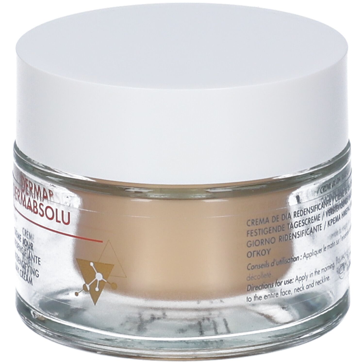 Vasetto di crema con coperchio bianco. Scritte: Dermabsolu, Crème Jour, Redensifying Day Cream. Testo multilingue.