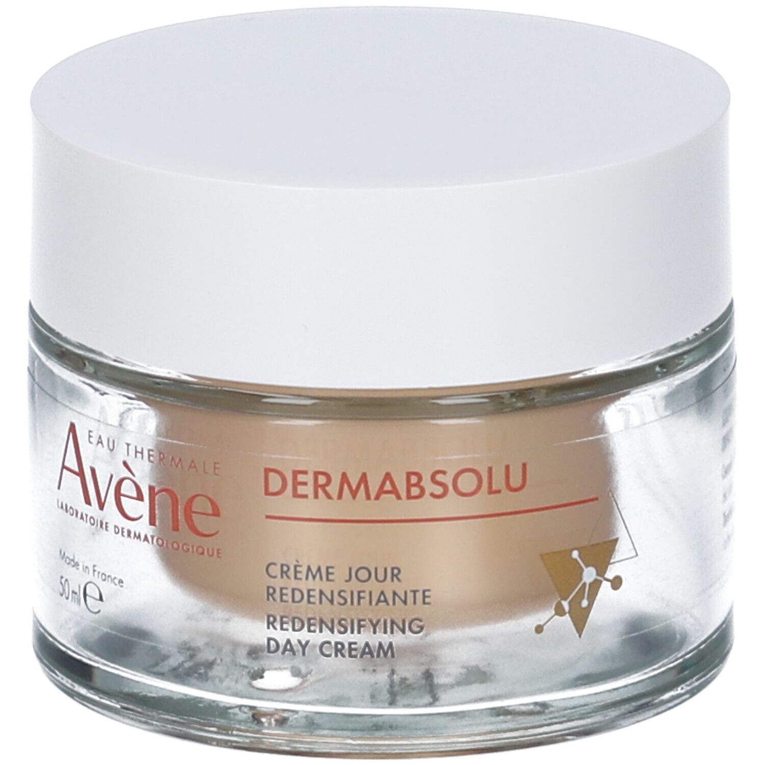 Vasetto di crema con coperchio bianco. Scritte: Eau Thermale Avène, Dermabsolu, Crème Jour, 50ml. Made in France.