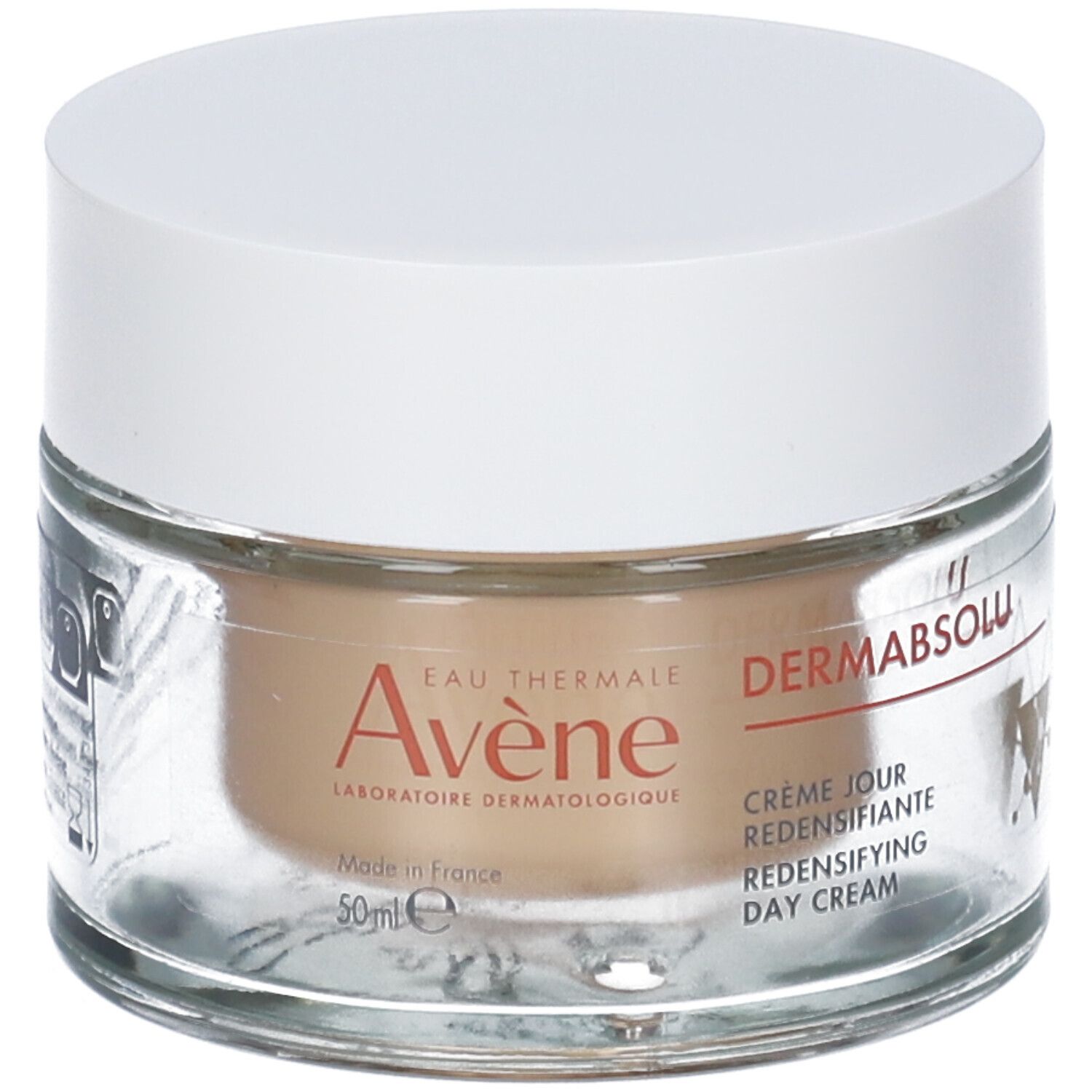 Vasetto di crema con coperchio bianco. Scritte: Eau Thermale Avène, Dermabsolu, Crème Jour, 50ml. Made in France.