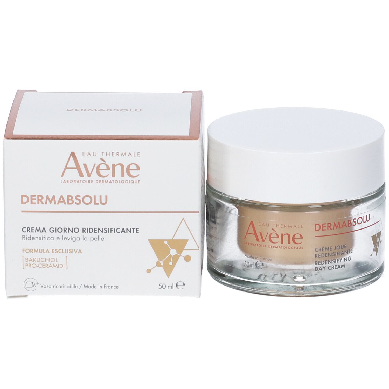 Vasetto di crema e scatola. Scritte: Eau Thermale Avène, Dermabsolu, Crème Jour, 50ml. Ingredienti: Bakuchiolo, Pro-Ceramidi.