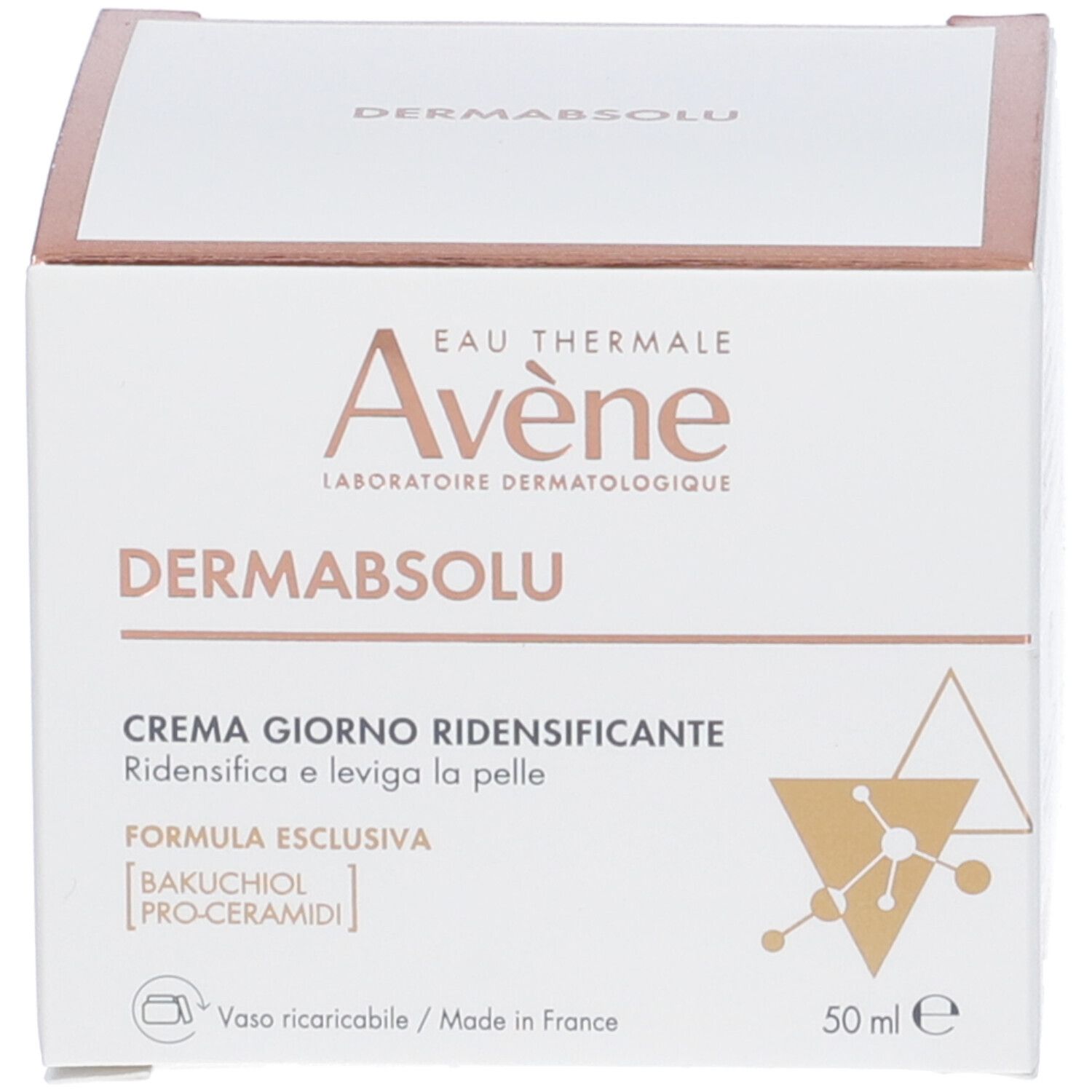 Scatola. Scritte: Eau Thermale Avène, Dermabsolu, Crème Jour, 50ml. Ingredienti: Bakuchiolo, Pro-Ceramidi. Vaso ricaricabile.