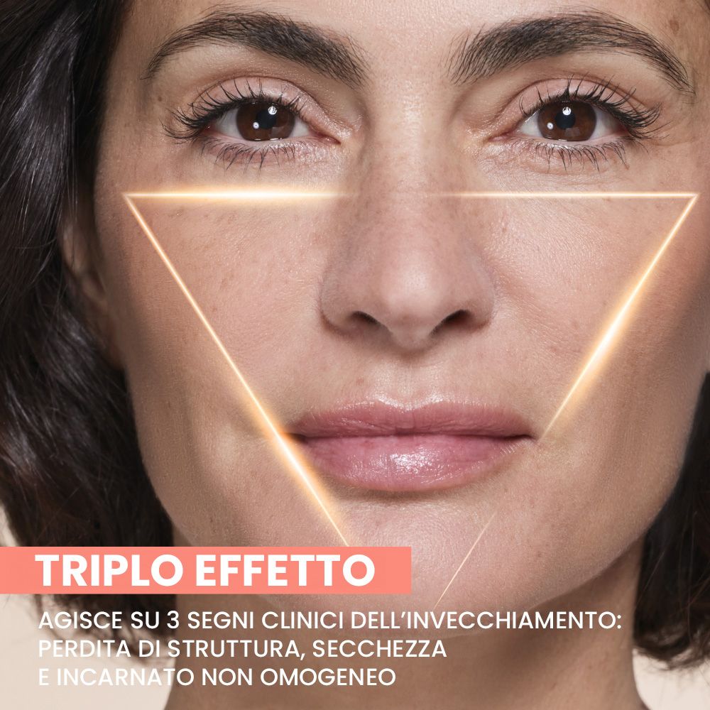 Viso di una donna con triangoli luminosi che evidenziano la struttura della pelle. Testo.