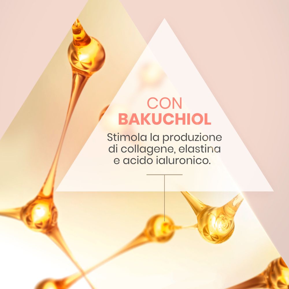 Rappresentazione astratta di molecole e una casella di testo "Con Bakuchiol".
