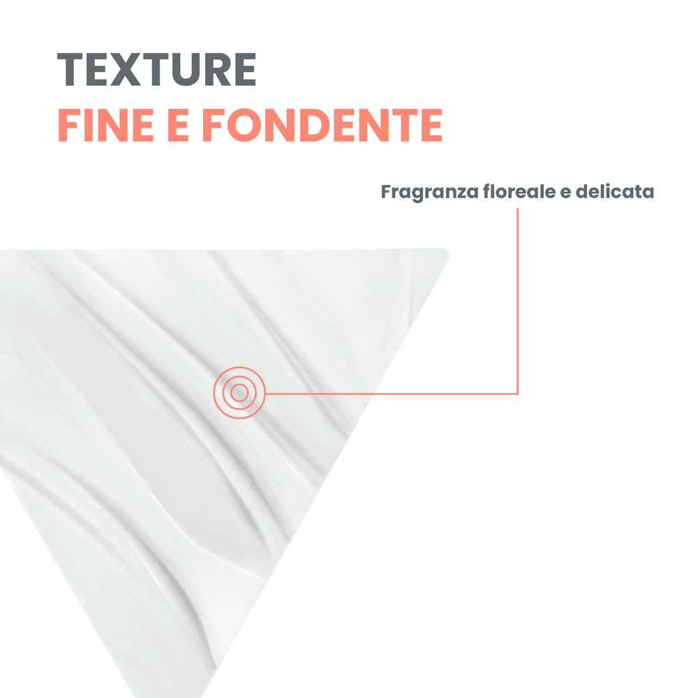 Primo piano della texture della crema con testo "Texture fine e fondente".
