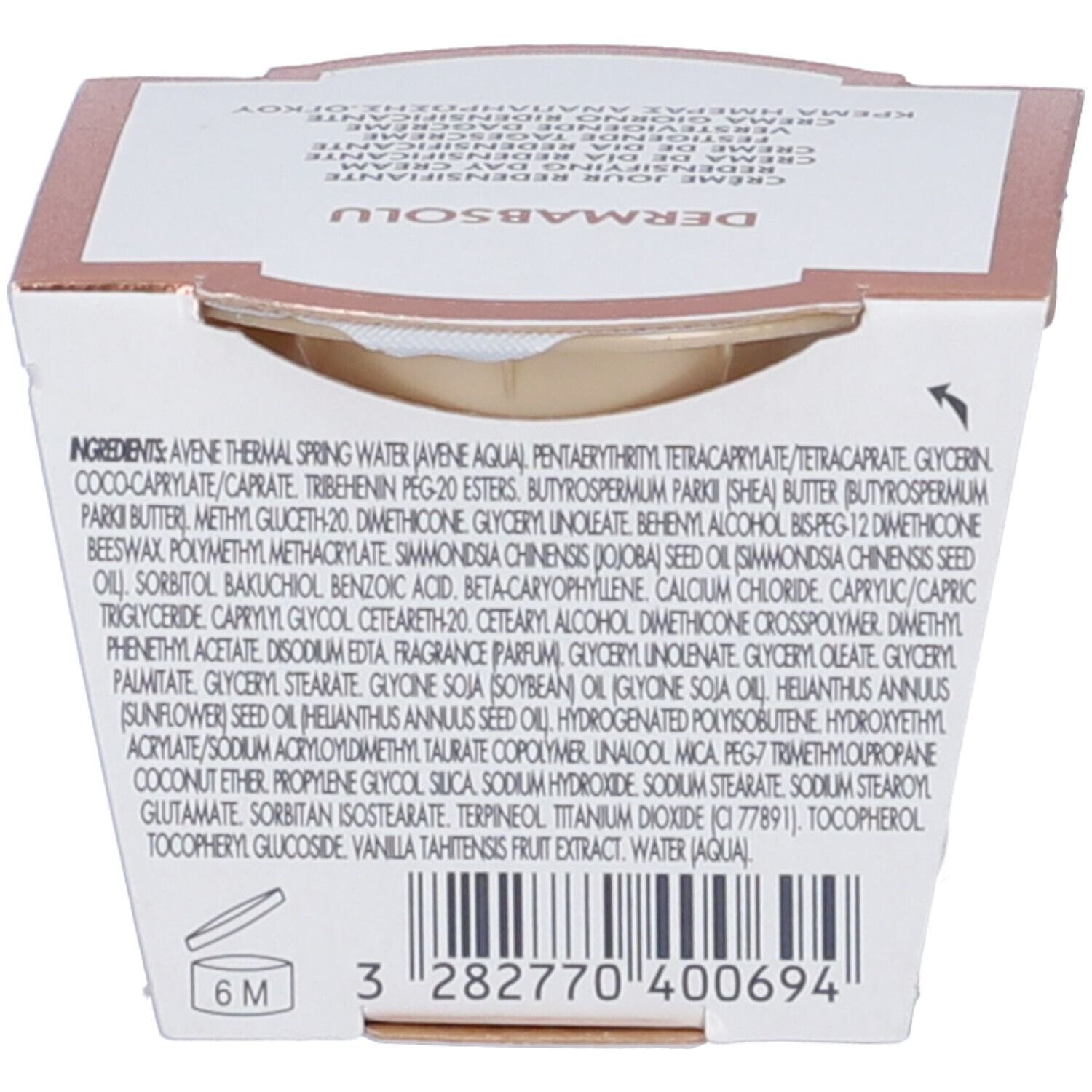 Retro della scatola con ingredienti e numero di lotto. Testo: 6M. Codice a barre e altre informazioni.