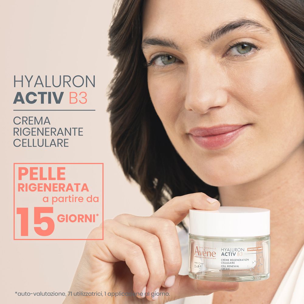 Donna con vaso di crema. Scritta: Hyaluron Activ B3, Crema rigenerante cellulare. Testo: Pelle rigenerata a partire da 15 giorni.