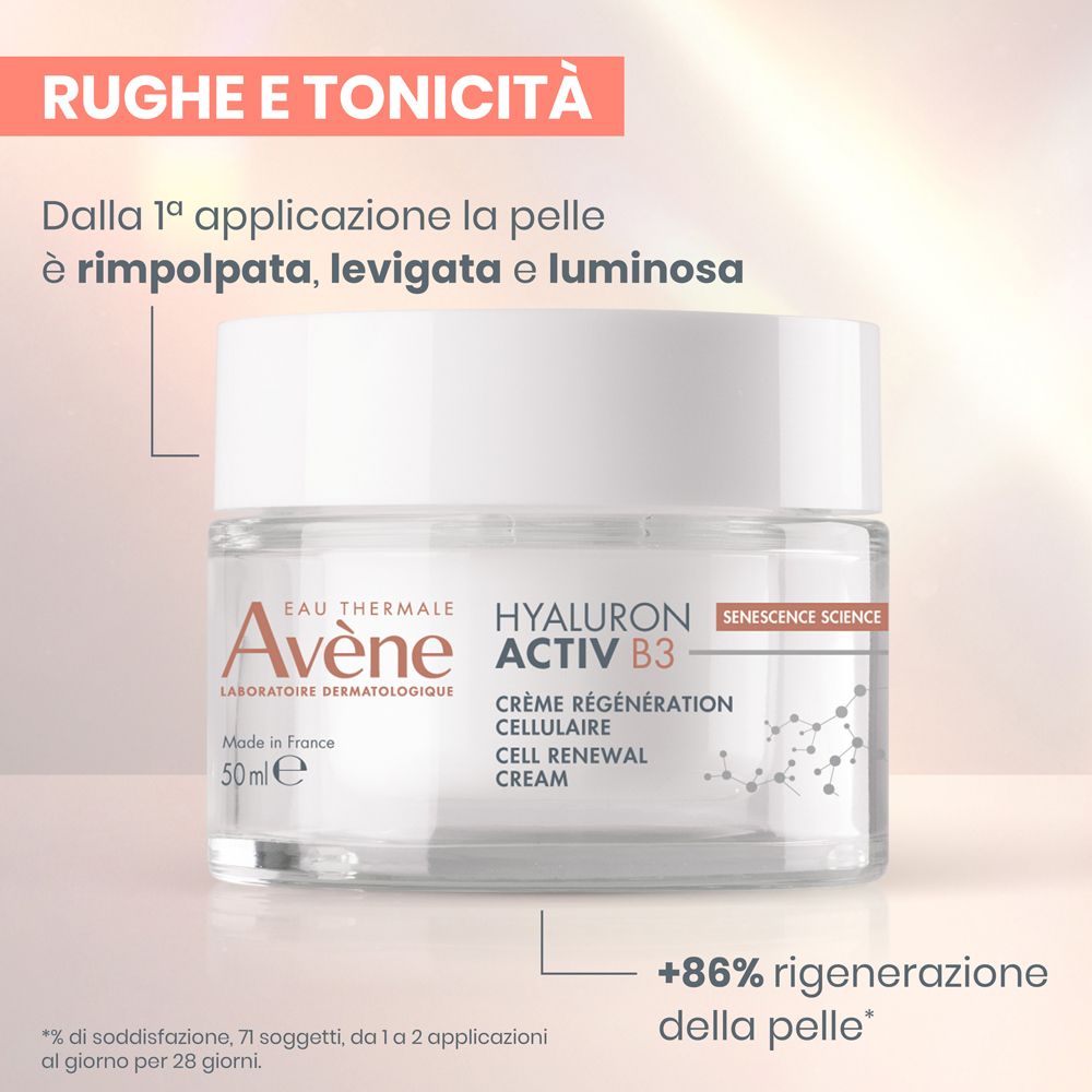 Vaso di crema. Scritta: Eau Thermale Avène, Hyaluron Activ B3, Cell Renewal Cream. Testo: +86% Regeneration della pelle.