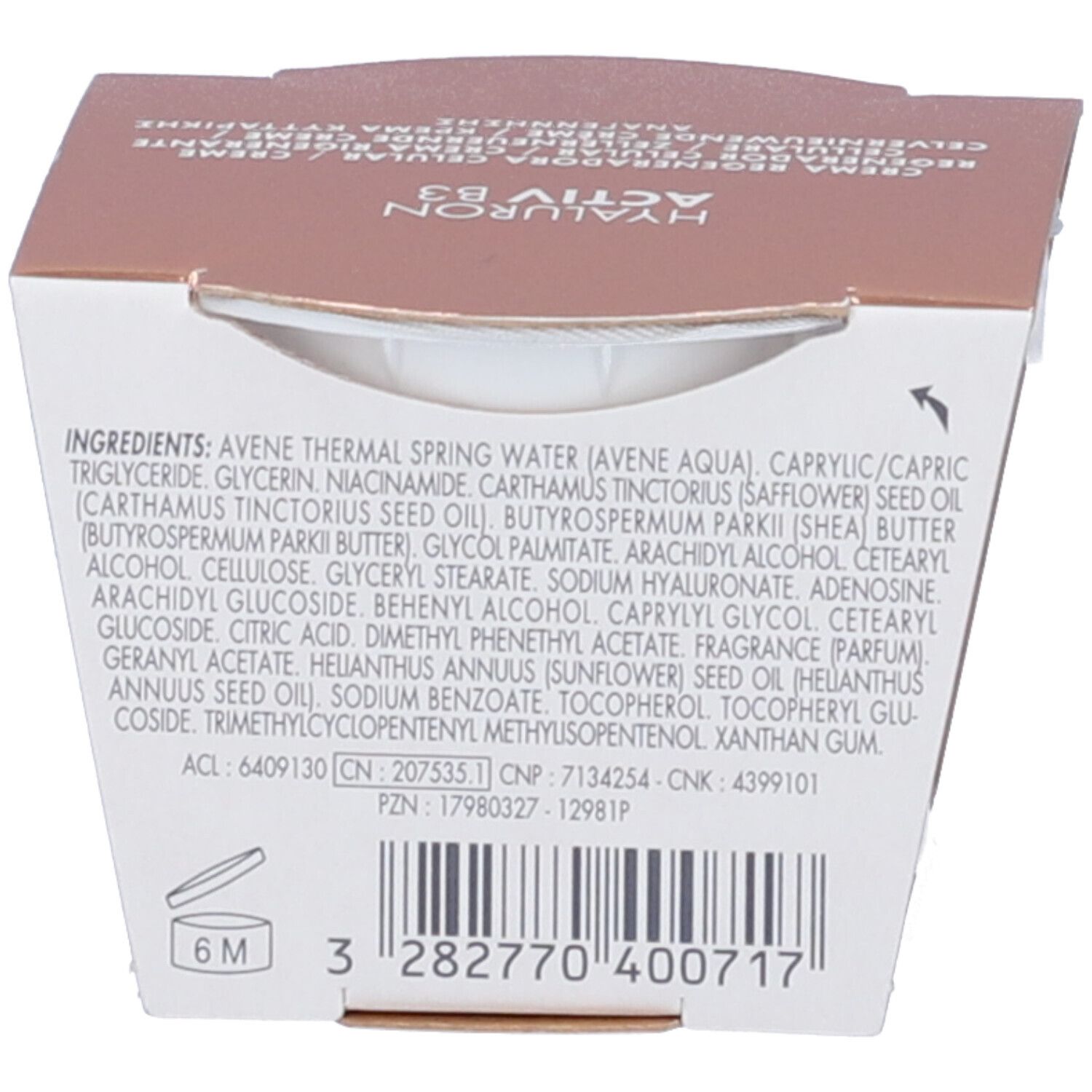 Retro ricarica crema Avene Hyaluron Activ B3. Elenco ingredienti, numero lotto, simbolo di durata.