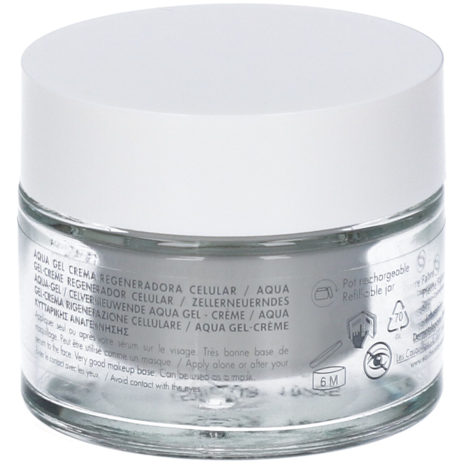 Retro di un vasetto di vetro con coperchio bianco. Informazioni multilingue sul prodotto. Informazioni sull'uso.