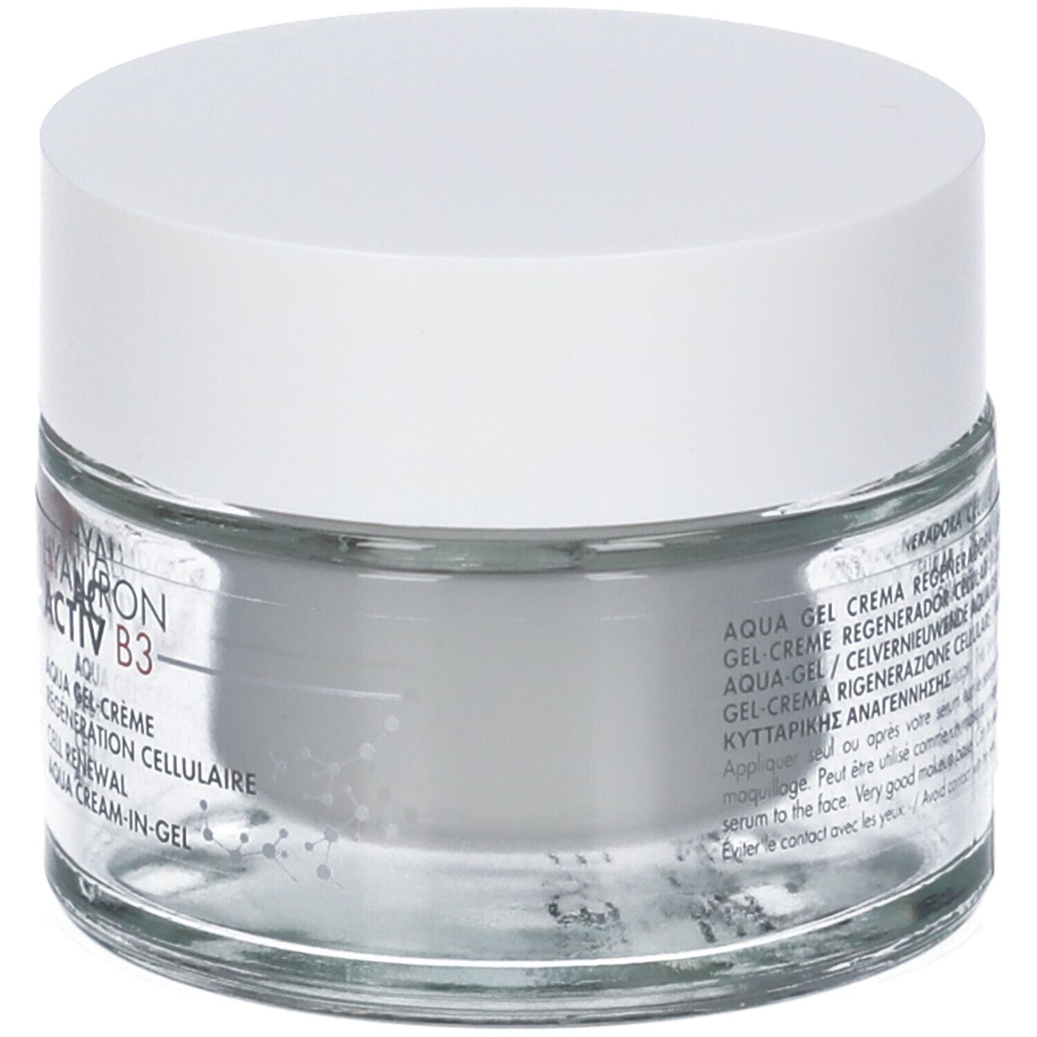 Vasetto di vetro con coperchio bianco. Scritta: Hyaluron Activ B3, Aqua Gel-Crème, Cell Renewal. Informazioni multilingue sul prodotto.