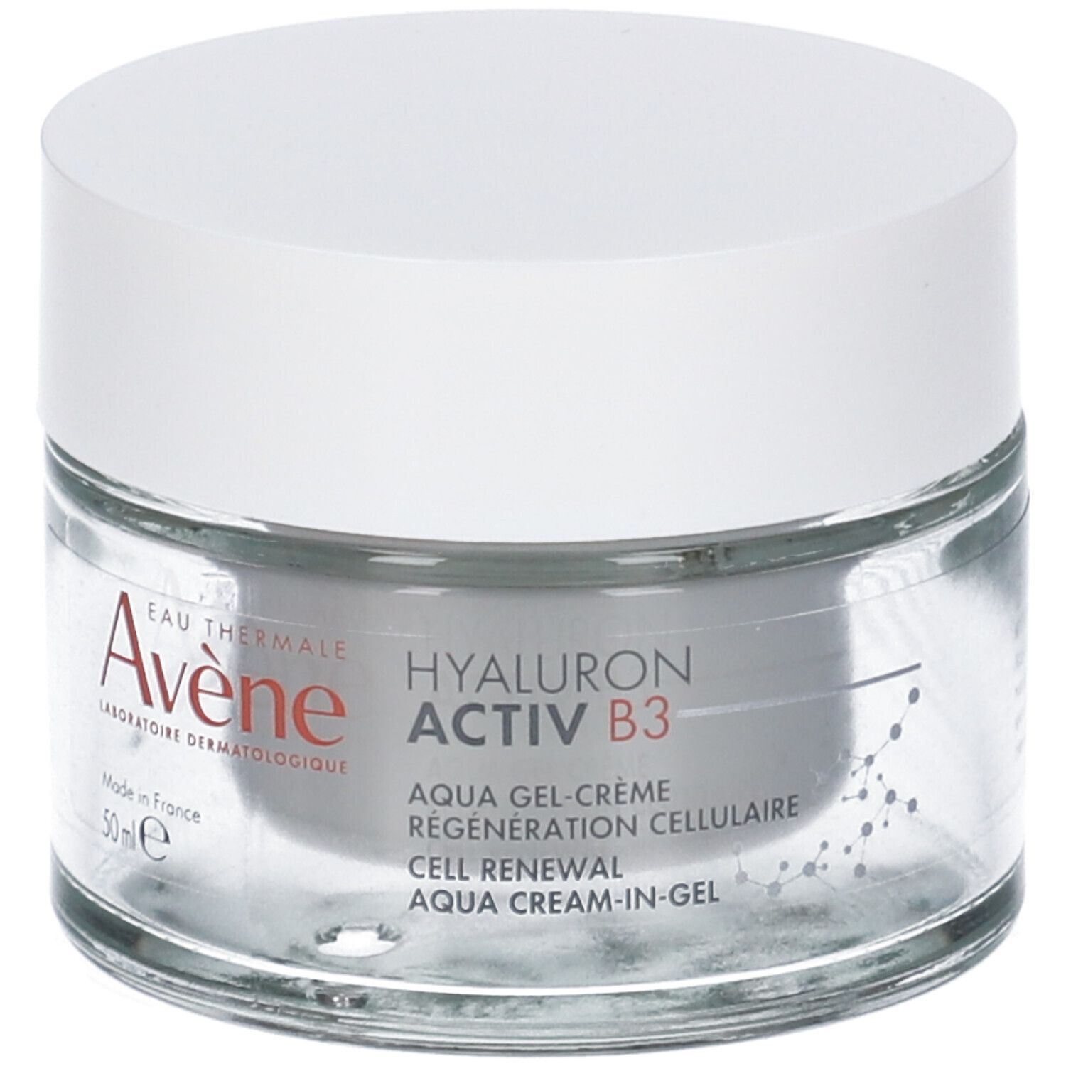 Vasetto di vetro con coperchio bianco. Scritta: Eau Thermale Avène, Hyaluron Activ B3, Aqua Gel-Crème, Cell Renewal. 50 ml.