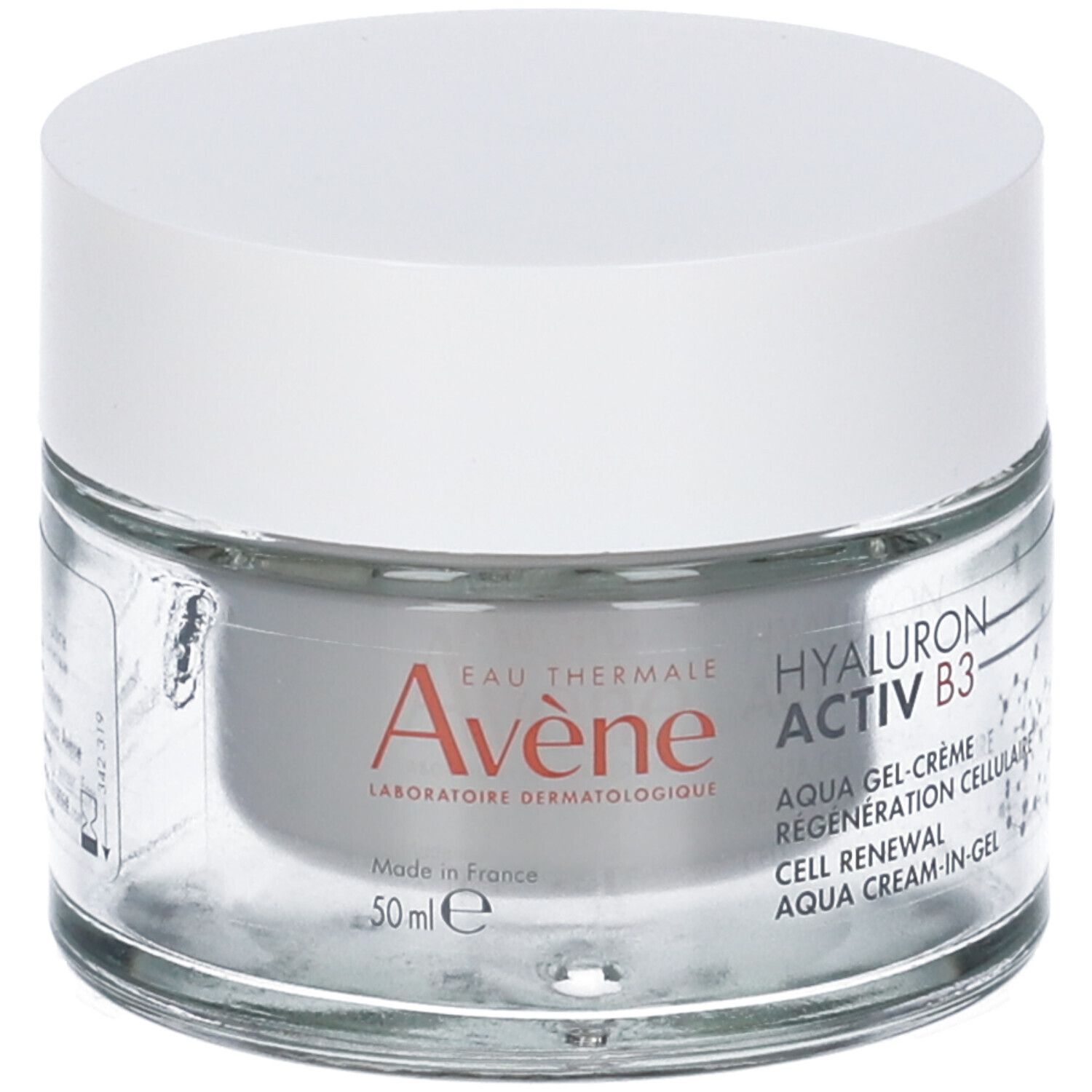 Vasetto di vetro con coperchio bianco. Scritta: Eau Thermale Avène, Hyaluron Activ B3, Aqua Gel-Crème, Cell Renewal. 50 ml.