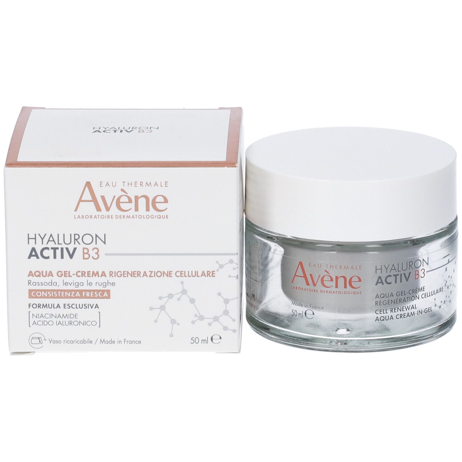Confezione e vasetto di vetro con coperchio bianco. Scritta: Eau Thermale Avène, Hyaluron Activ B3, Aqua Gel-Crème. 50 ml.