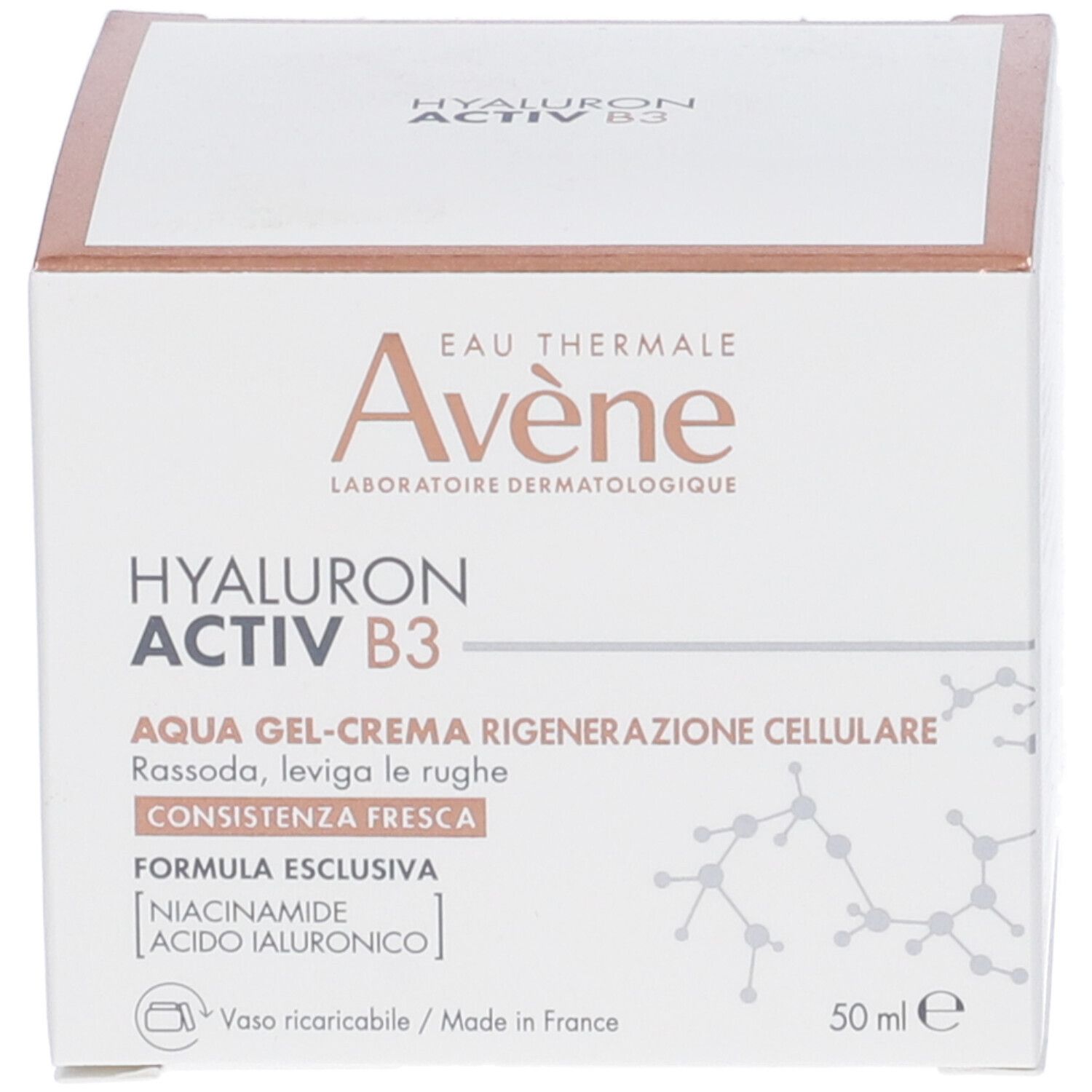 Confezione del prodotto. Scritta: Eau Thermale Avène, Hyaluron Activ B3, Aqua Gel-Crème, 50 ml. Ingredienti.