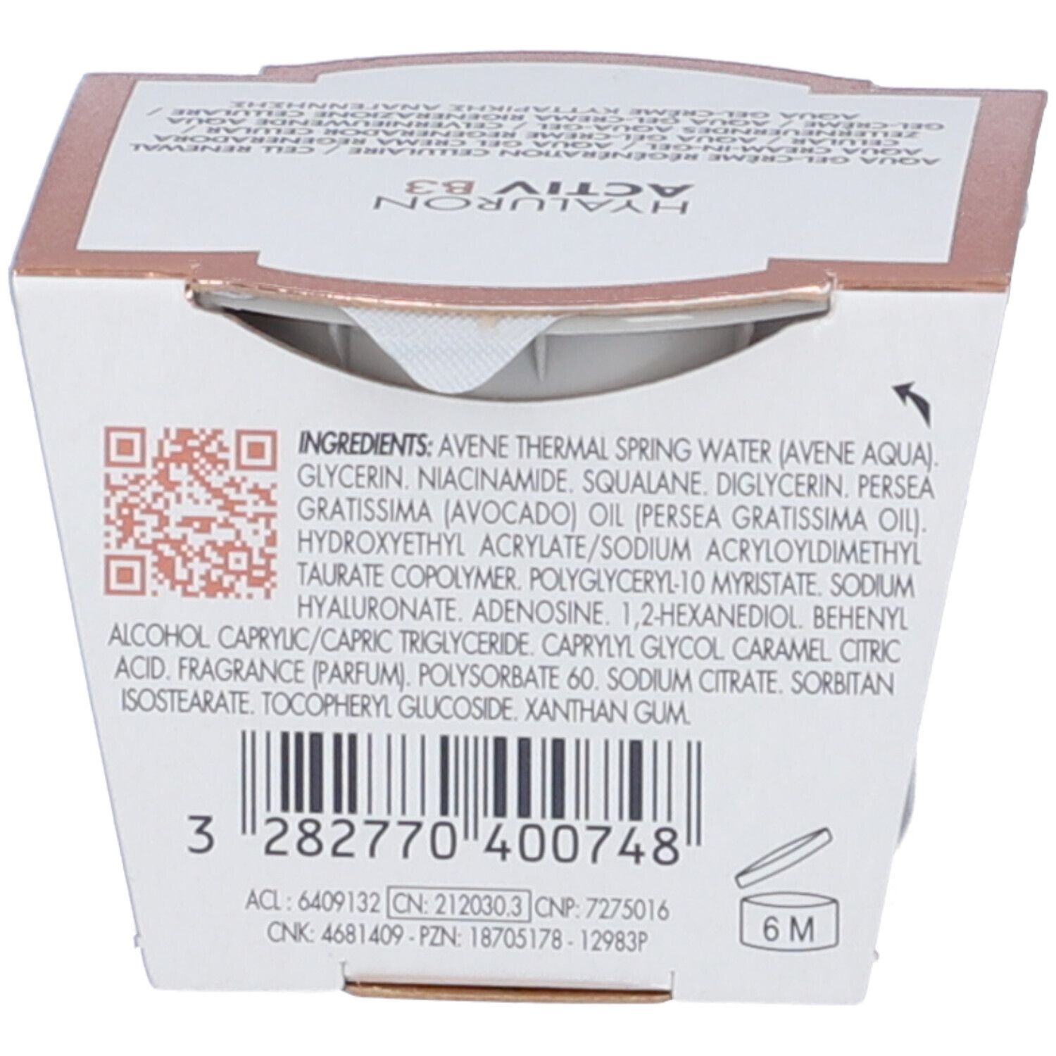 Retro della scatola Avene Hyaluron Activ B3. Elenco ingredienti, codice QR e numero di lotto. Simbolo di durata: 6M.