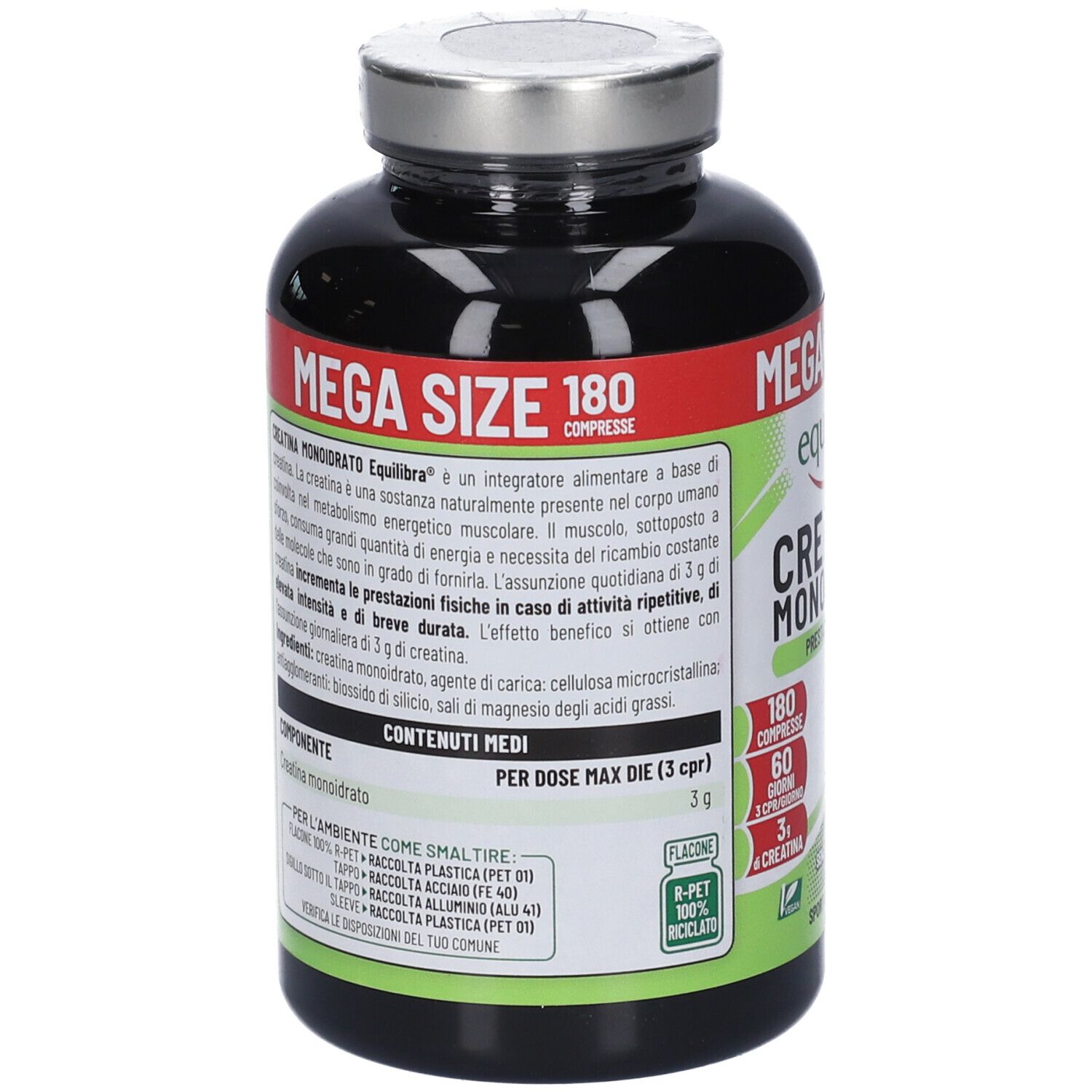 Retro del flacone nero. Testo in italiano. Informazioni sugli ingredienti e valori nutrizionali.