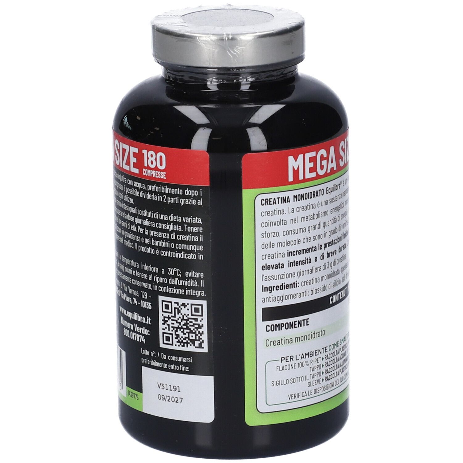 Retro del flacone nero. Testo in italiano. Informazioni sull'uso e avvertenze.