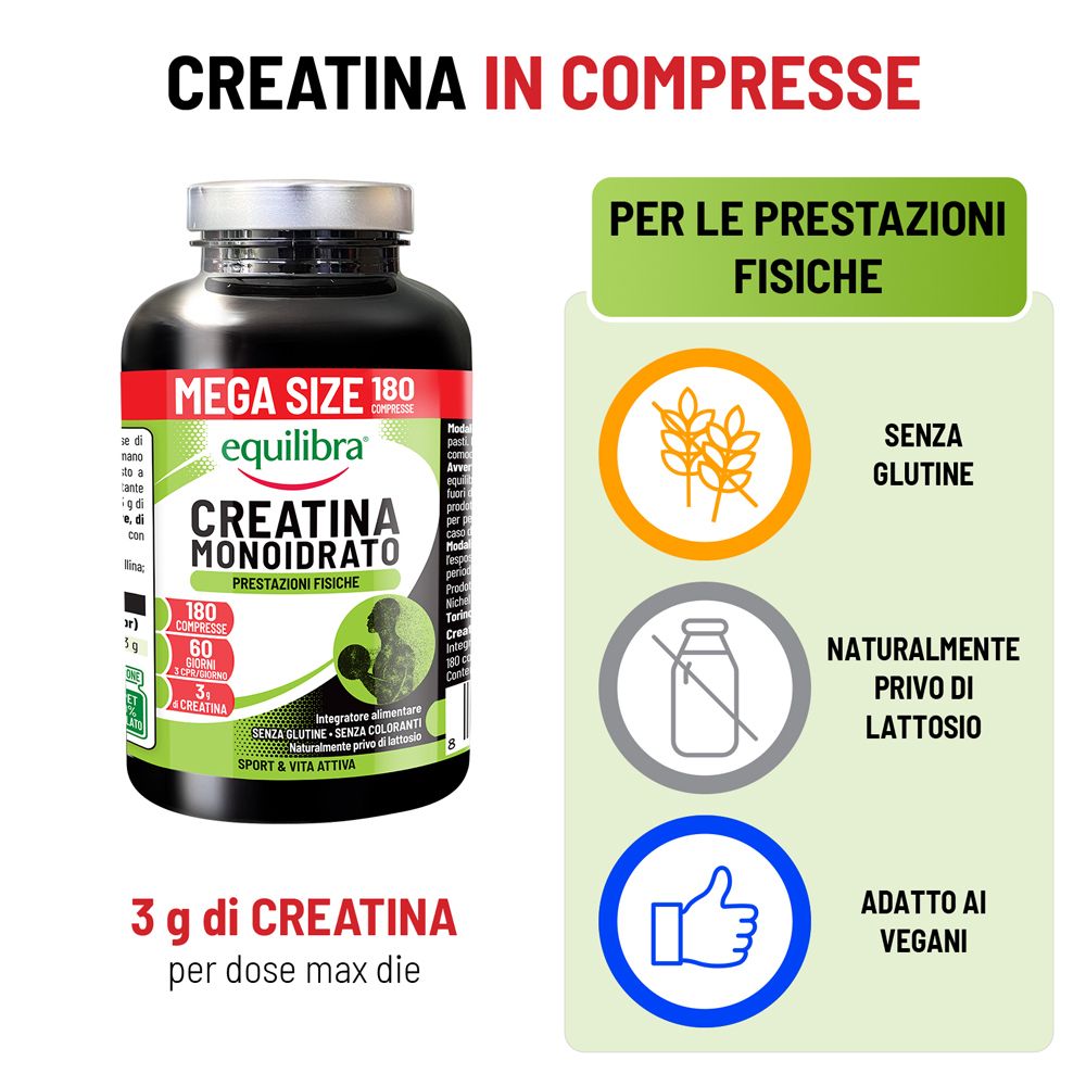 Equilibra Creatina Monoidrato, 180 compresse, per la prestazione fisica.